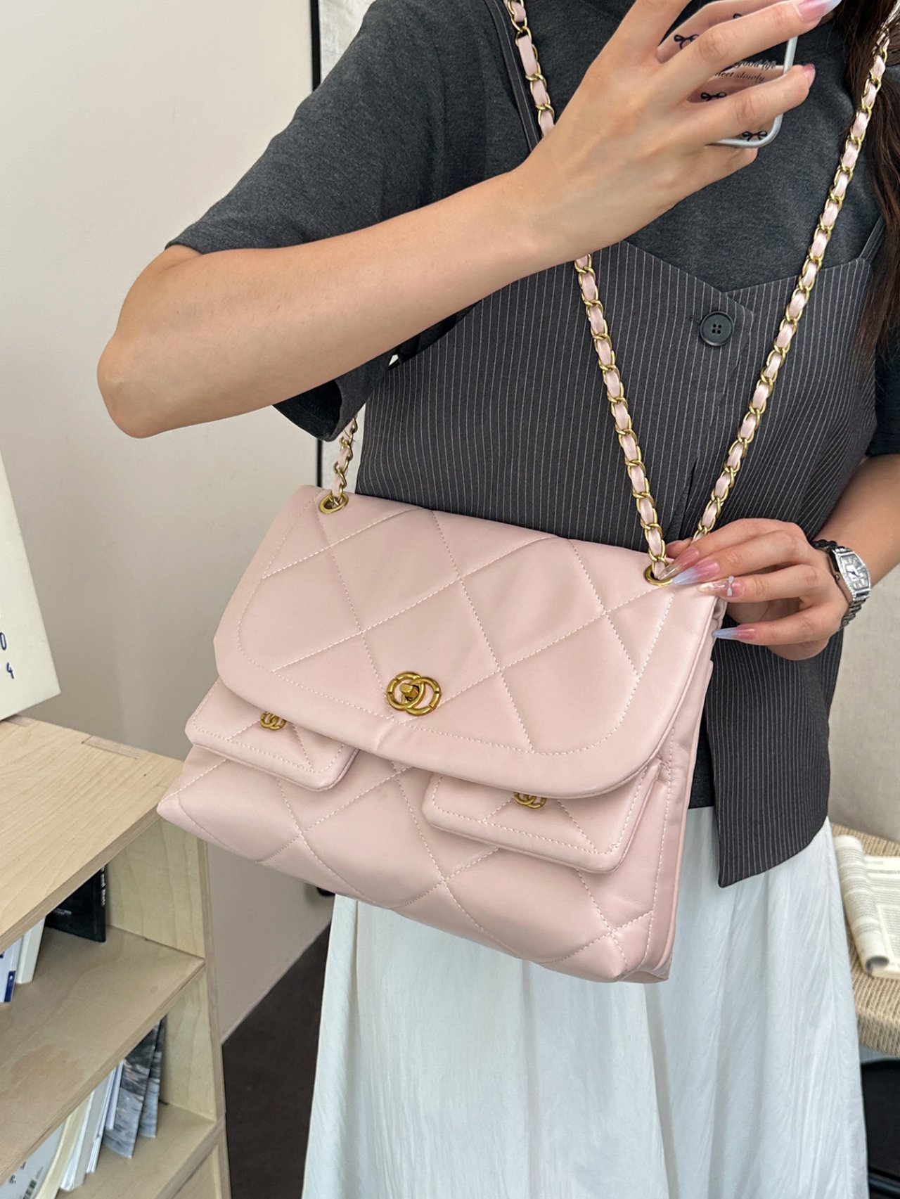 Pink Quilted Flap Shoulder Bag with Chain Strap