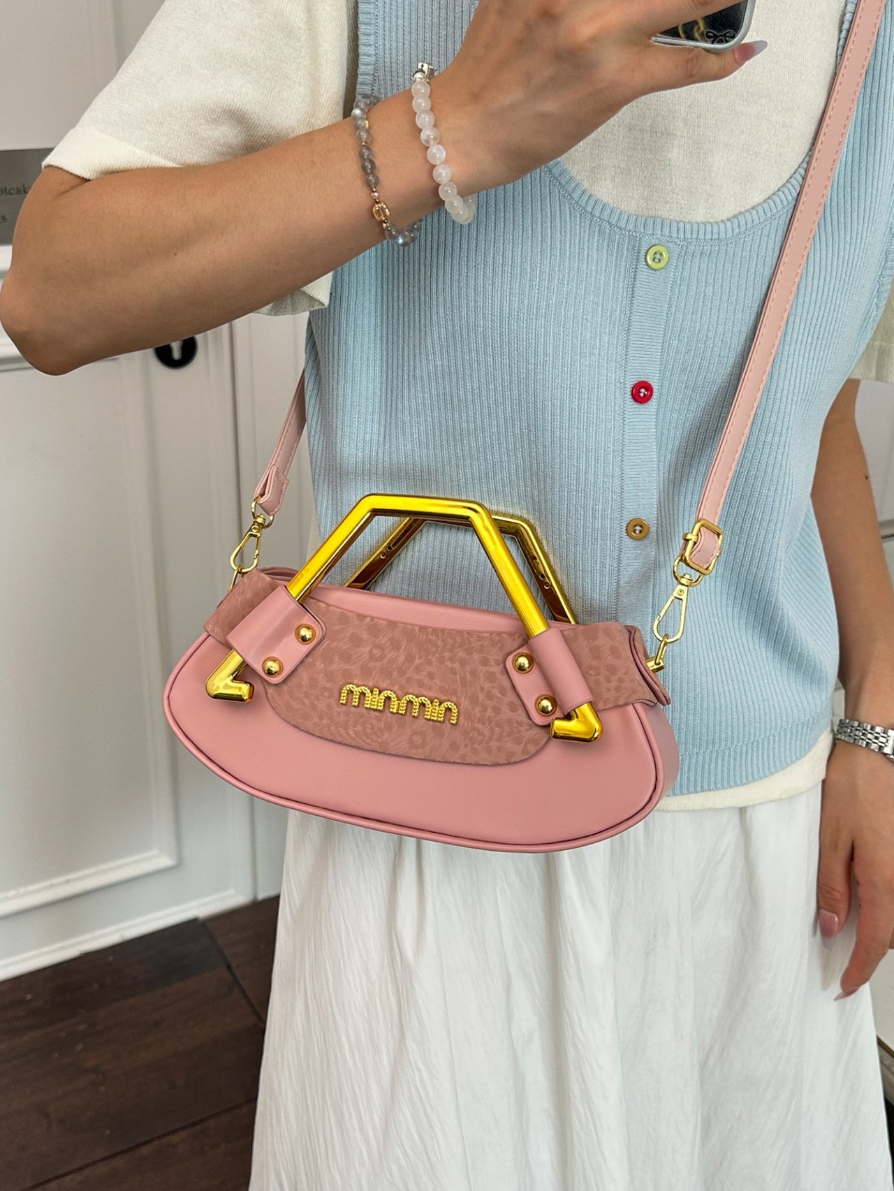 Pink Crossbody Bag with Gold Handle