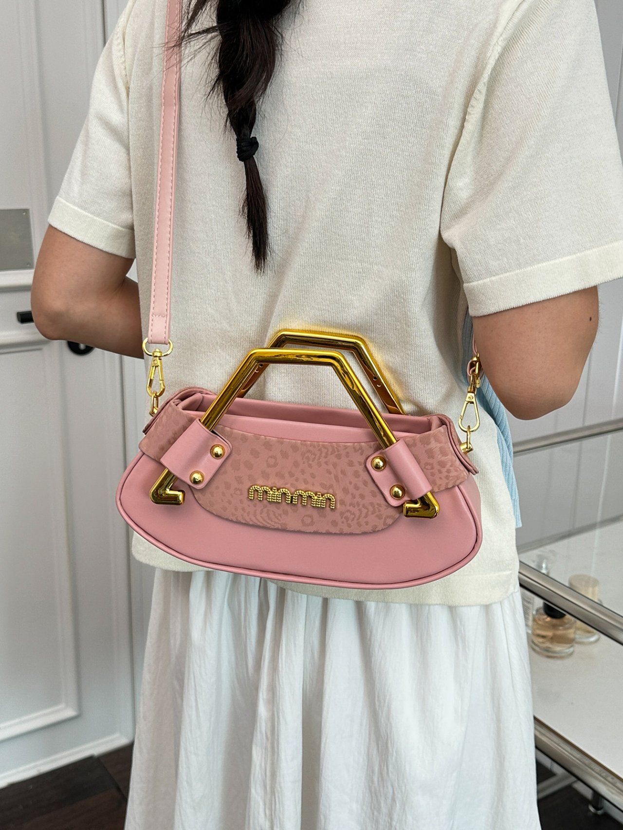 Pink Crossbody Bag with Gold Handle