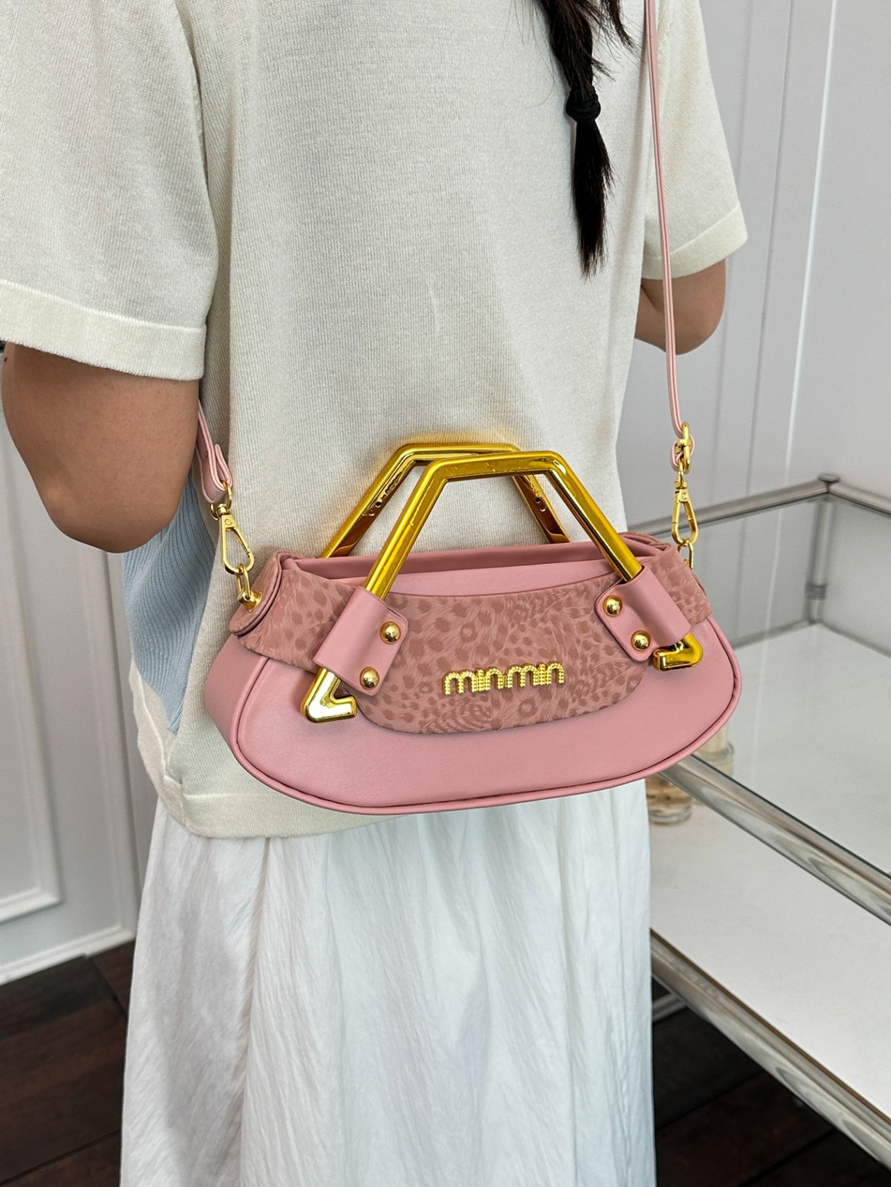 Pink Crossbody Bag with Gold Handle