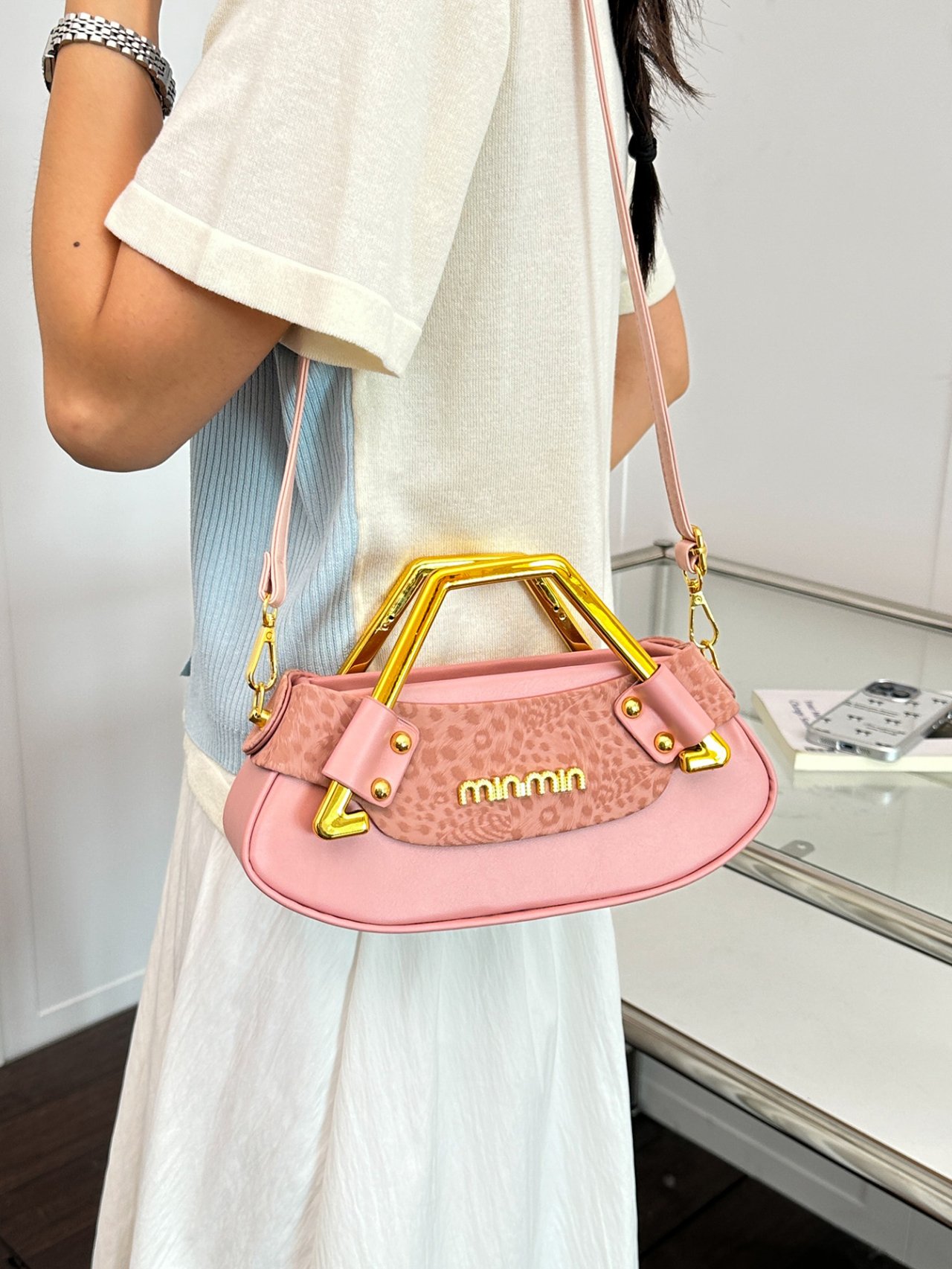 Pink Crossbody Bag with Gold Handle
