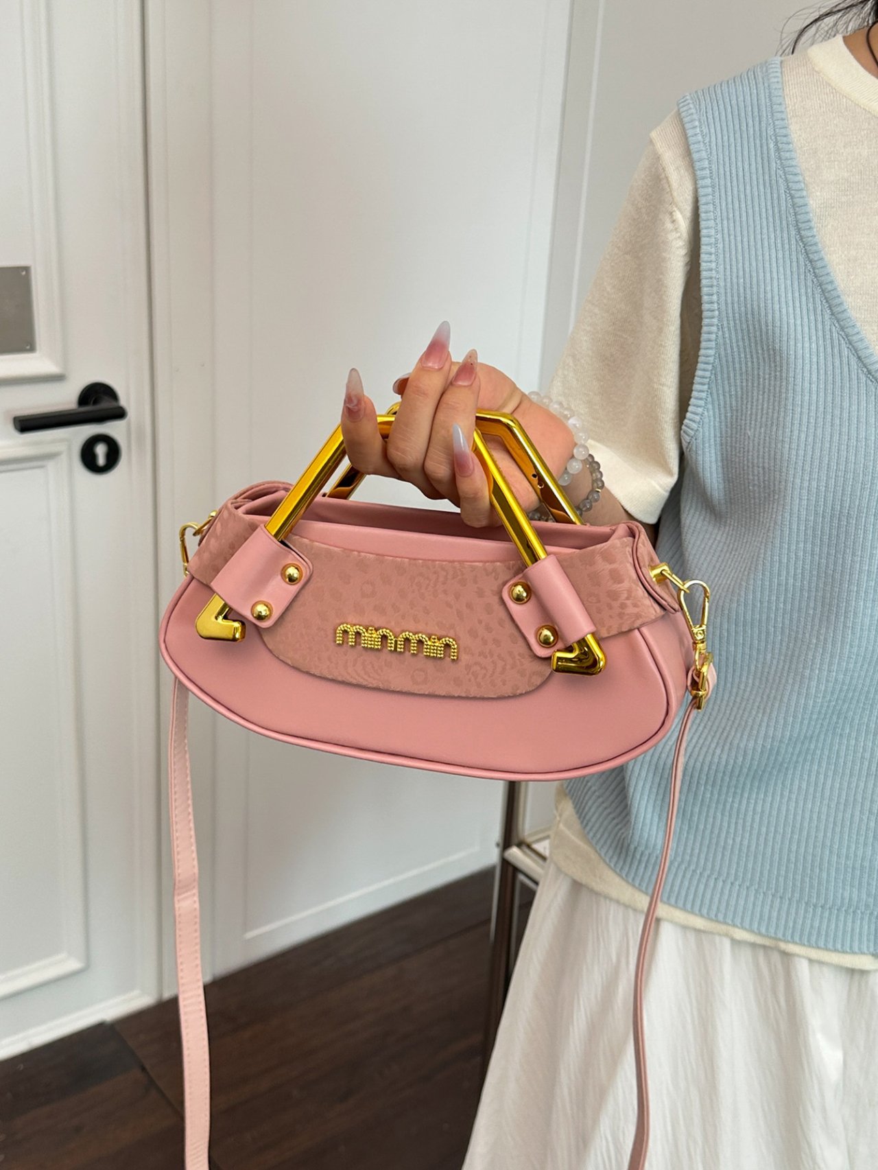 Pink Crossbody Bag with Gold Handle
