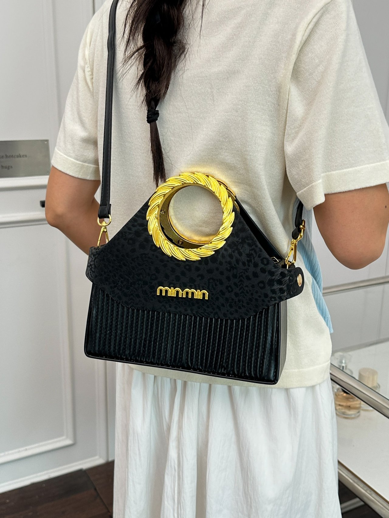 Black Crossbody Bag with Gold Handle