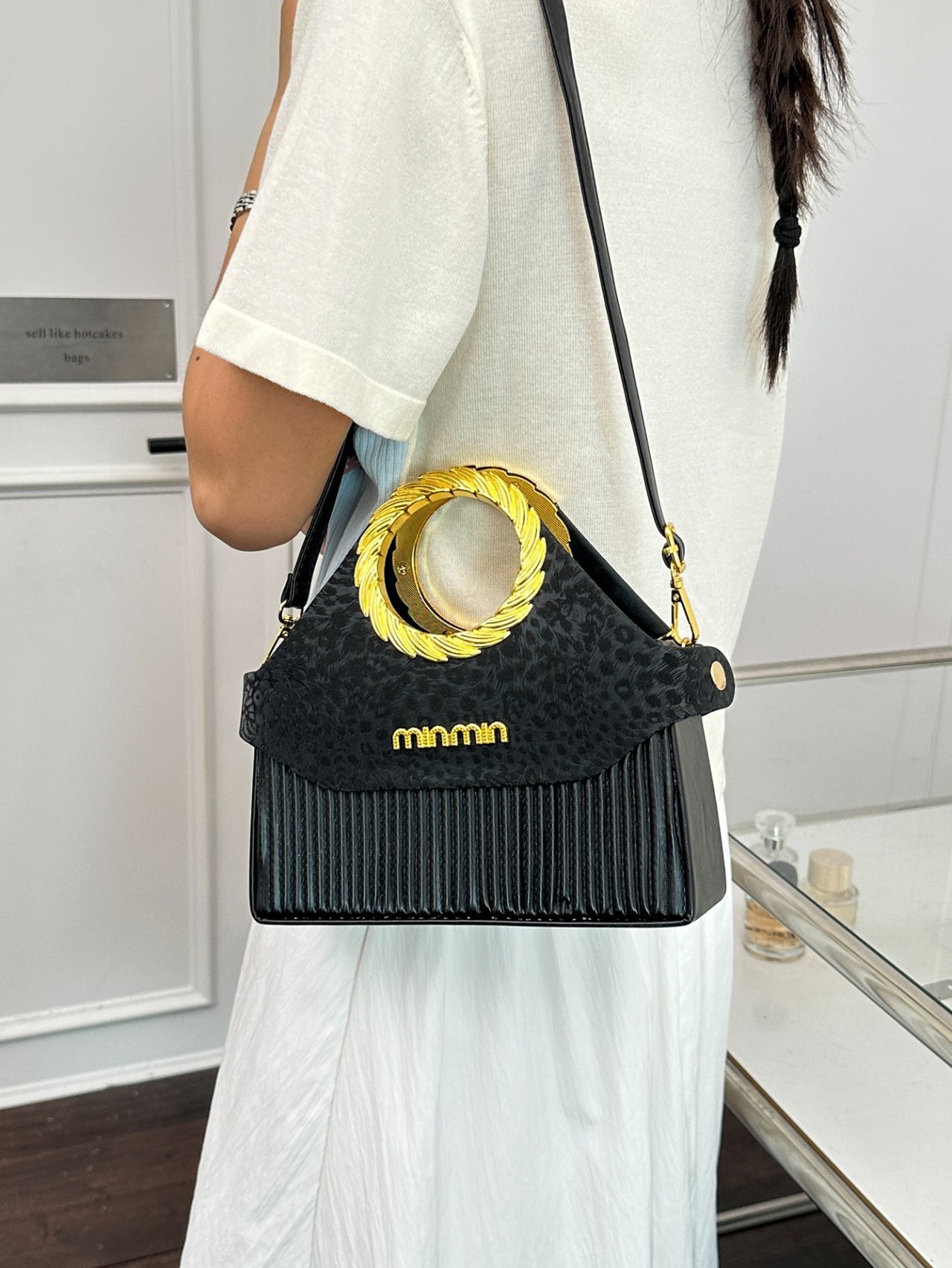 Black Crossbody Bag with Gold Handle