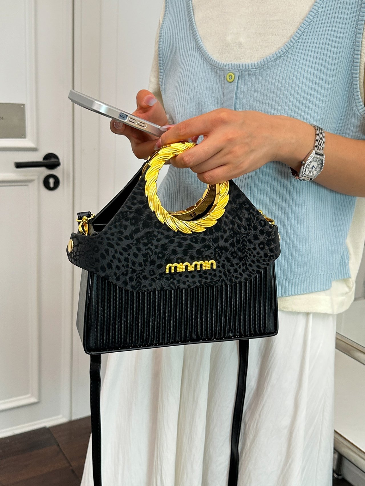 Black Crossbody Bag with Gold Handle