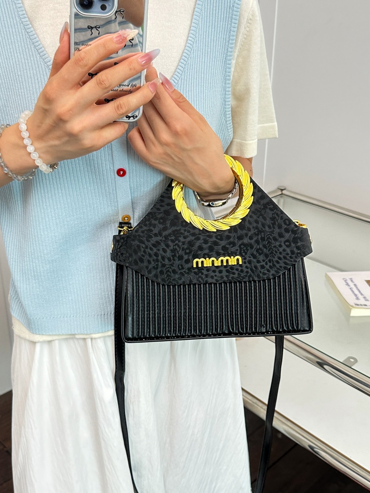 Black Crossbody Bag with Gold Handle