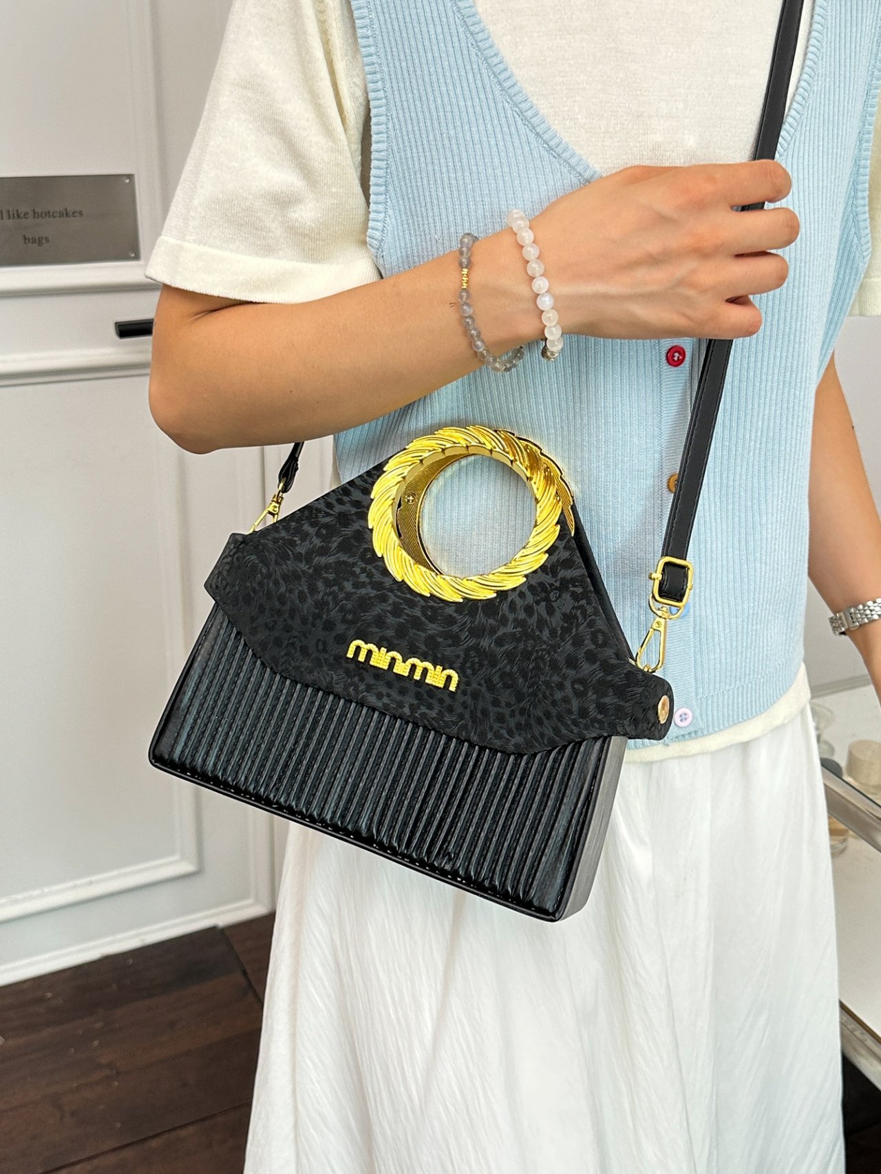 Black Crossbody Bag with Gold Handle