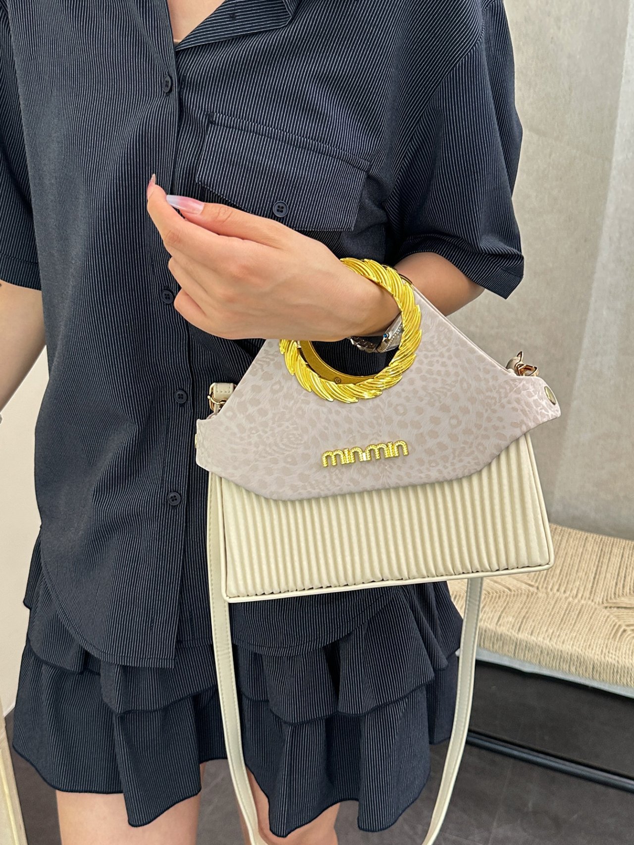 White Crossbody Bag with Gold Handle