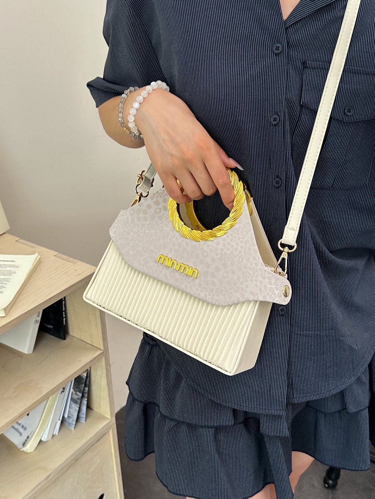 White Crossbody Bag with Gold Handle