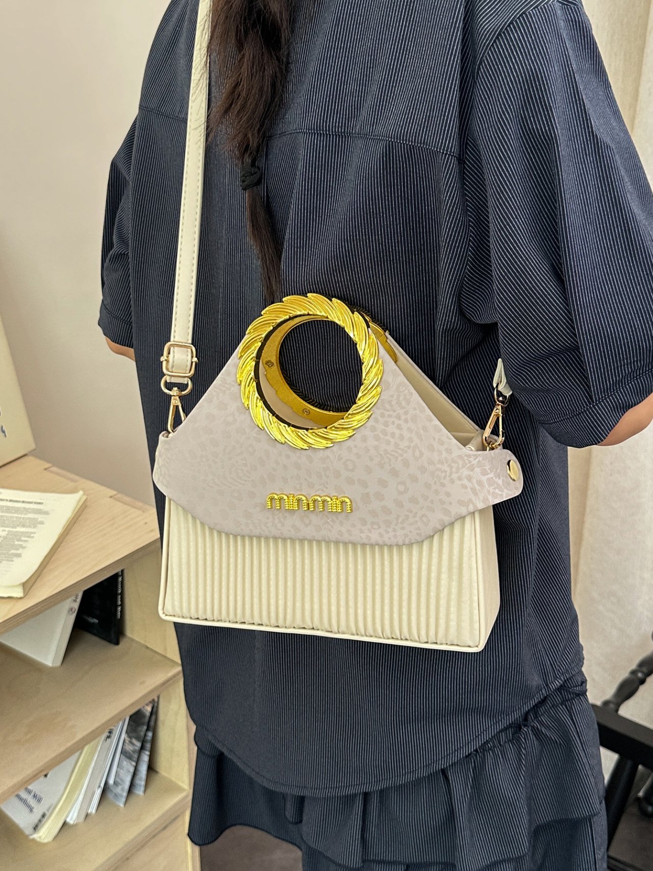 White Crossbody Bag with Gold Handle