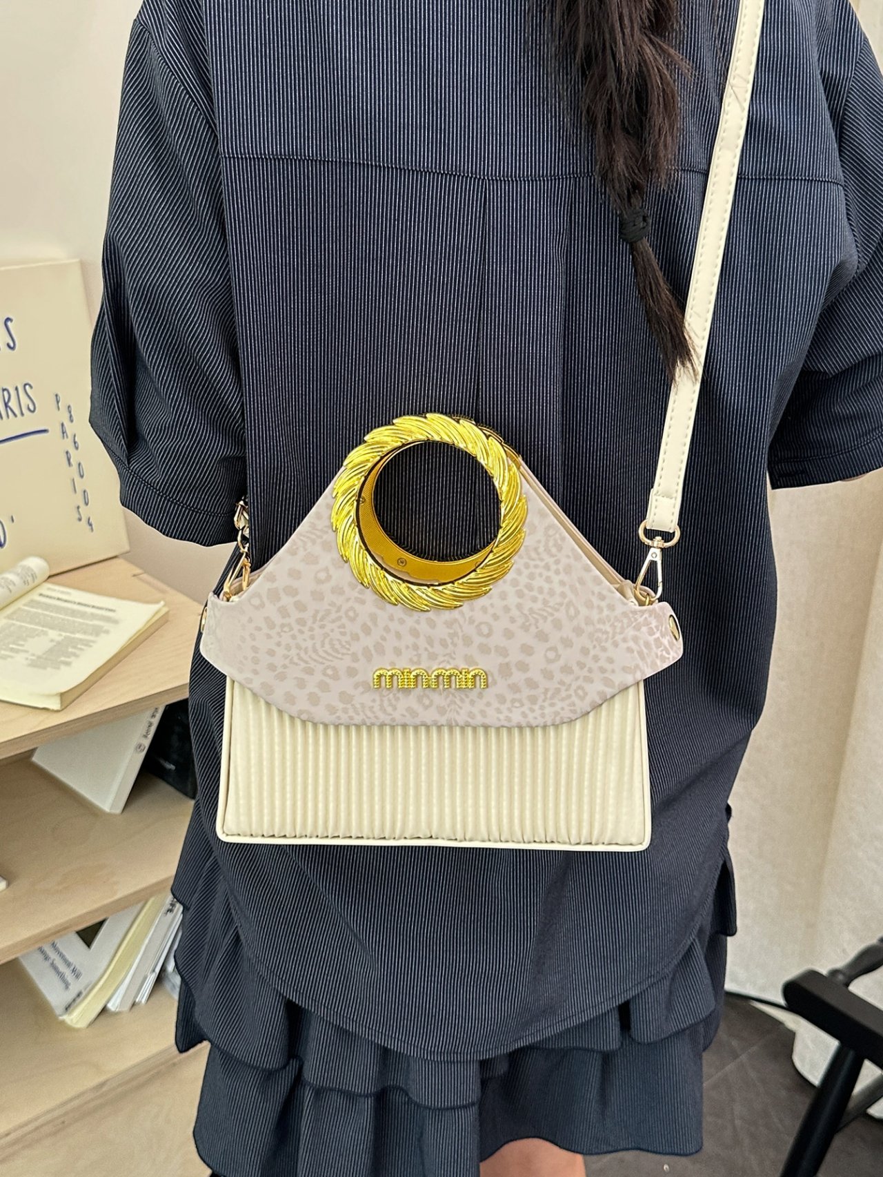 White Crossbody Bag with Gold Handle