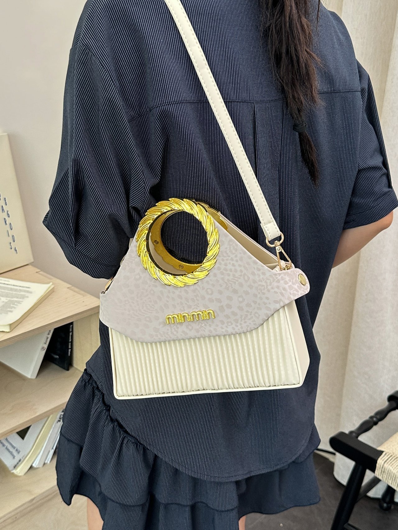 White Crossbody Bag with Gold Handle