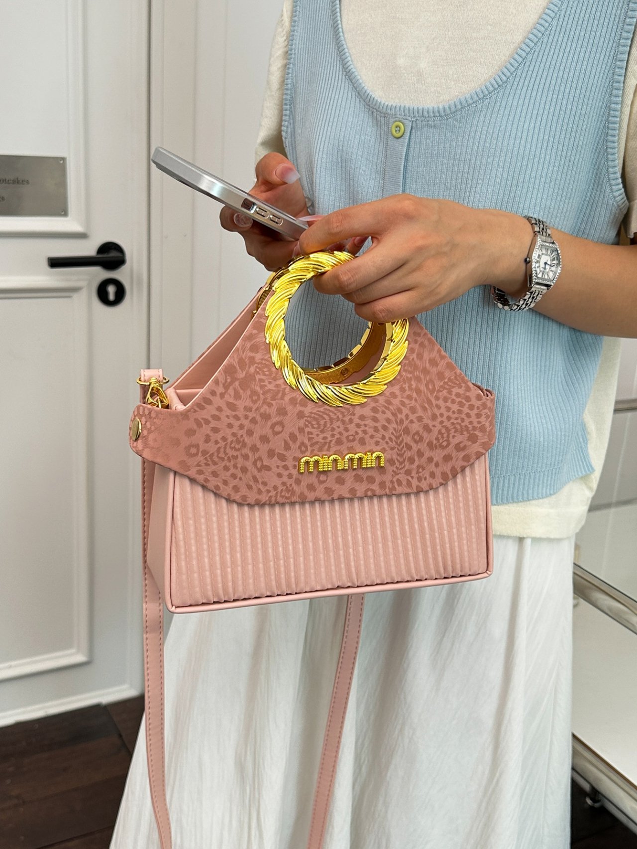 Pink Leopard Print Crossbody Bag with Gold Handle