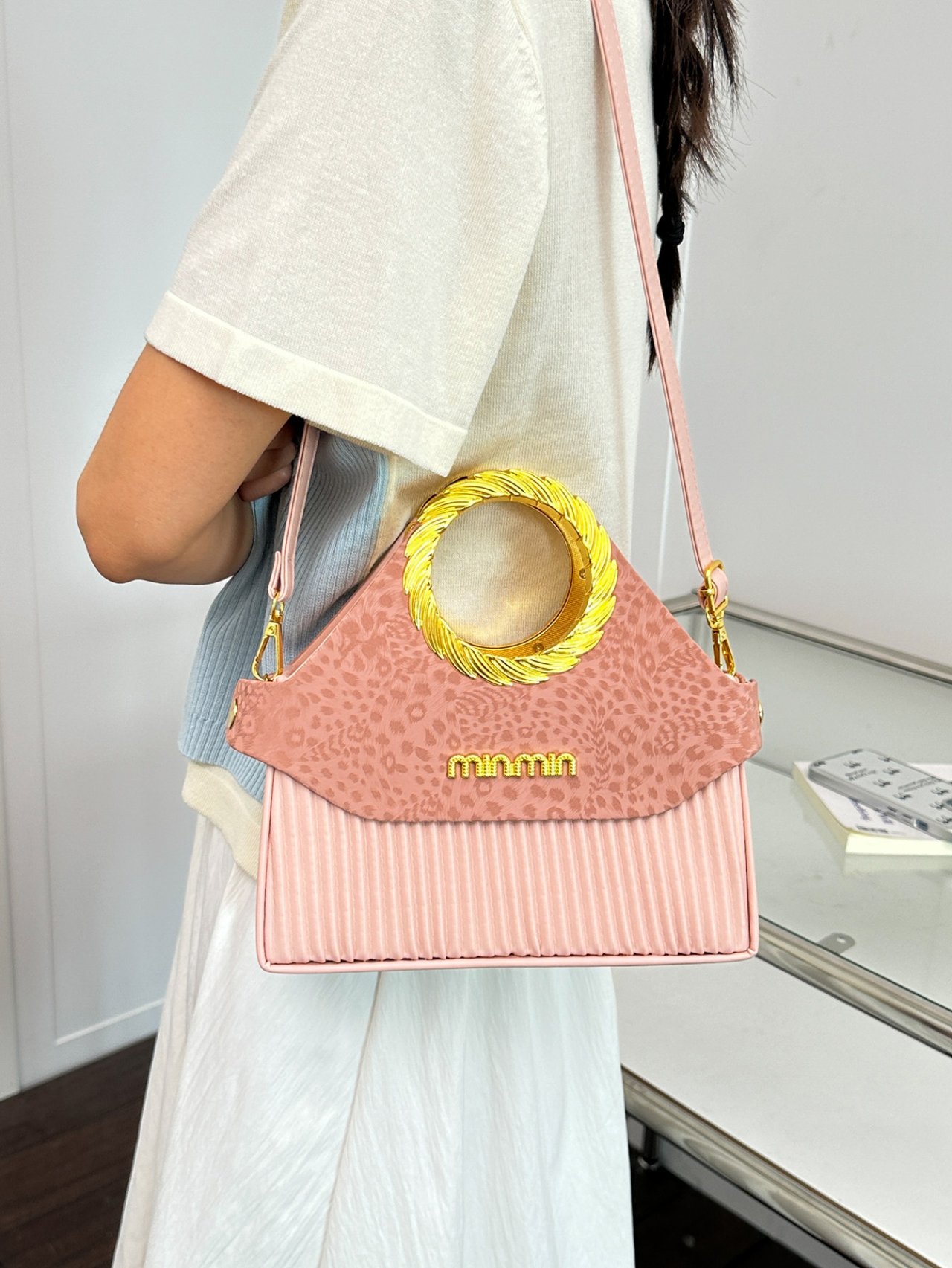 Pink Leopard Print Crossbody Bag with Gold Handle