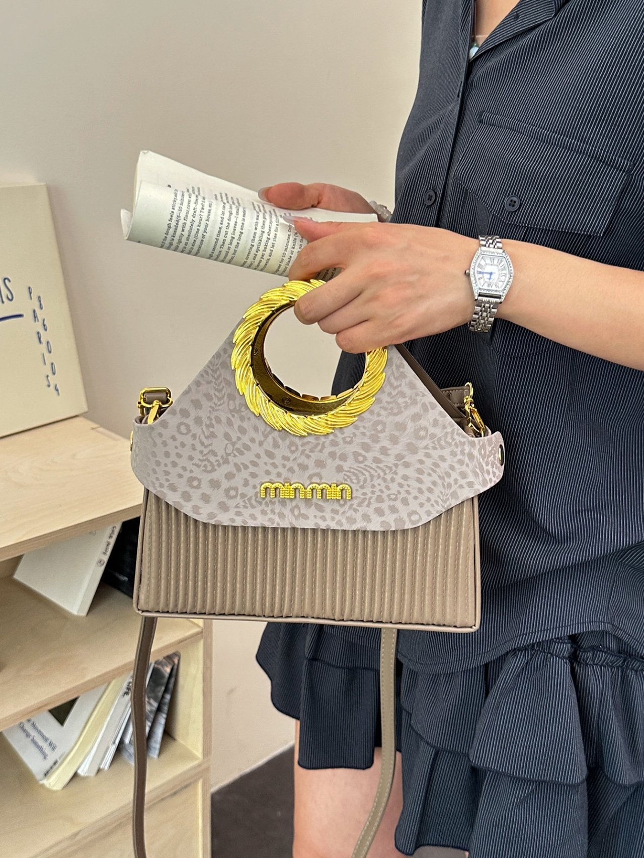 Grey Leopard-Print Crossbody Bag with Gold Handle