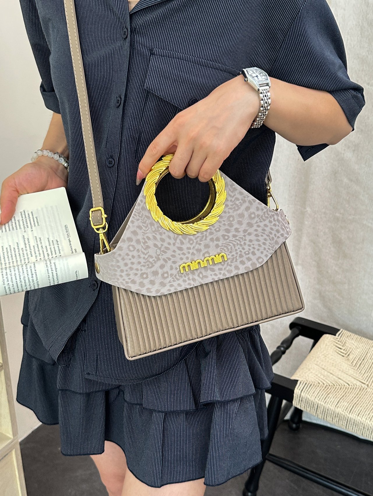 Grey Leopard-Print Crossbody Bag with Gold Handle