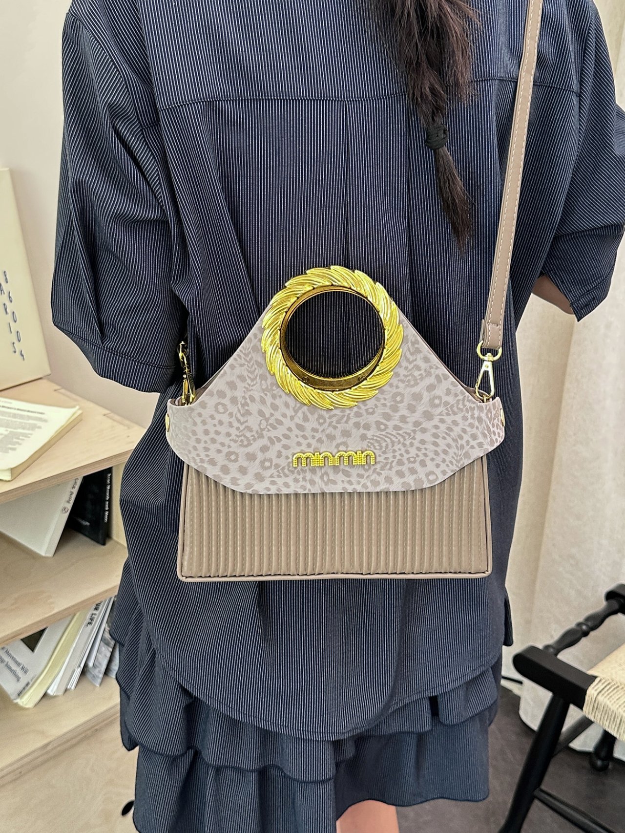 Grey Leopard-Print Crossbody Bag with Gold Handle