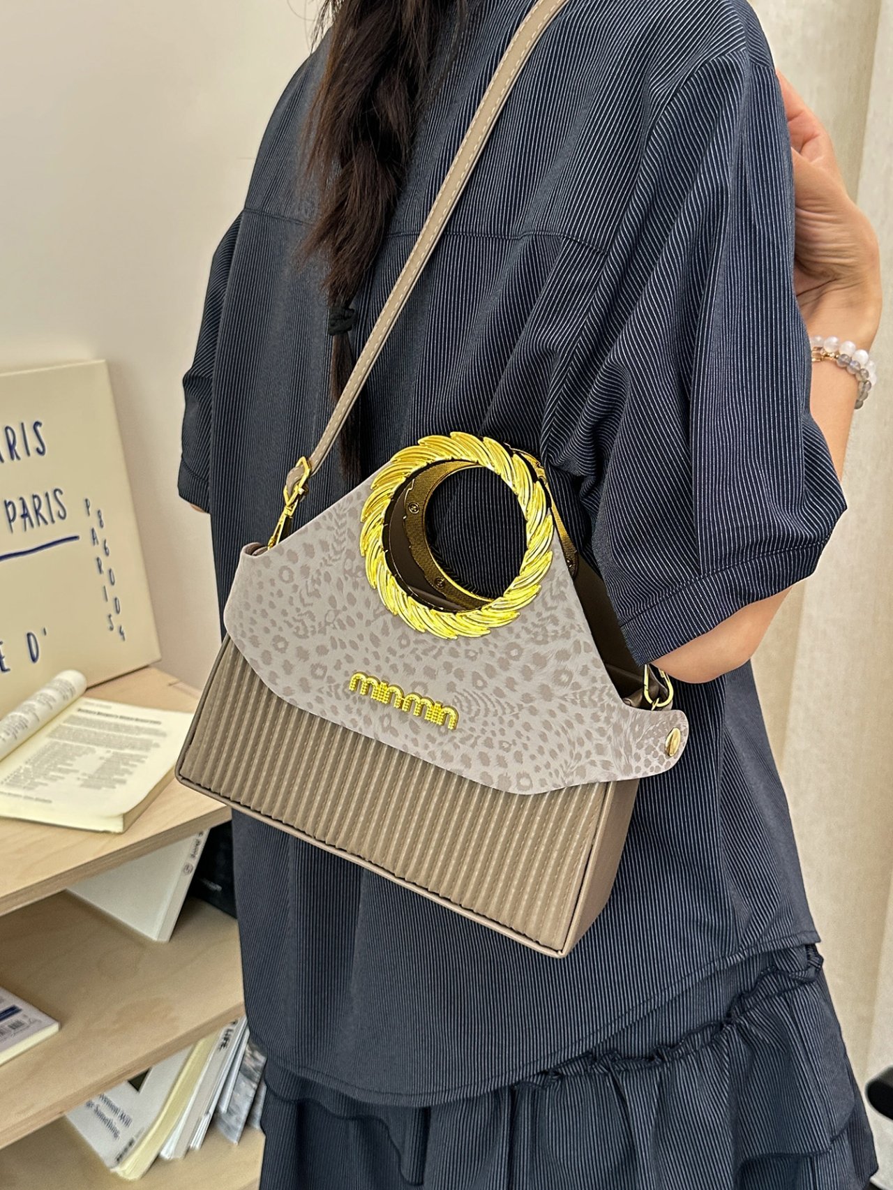 Grey Leopard-Print Crossbody Bag with Gold Handle