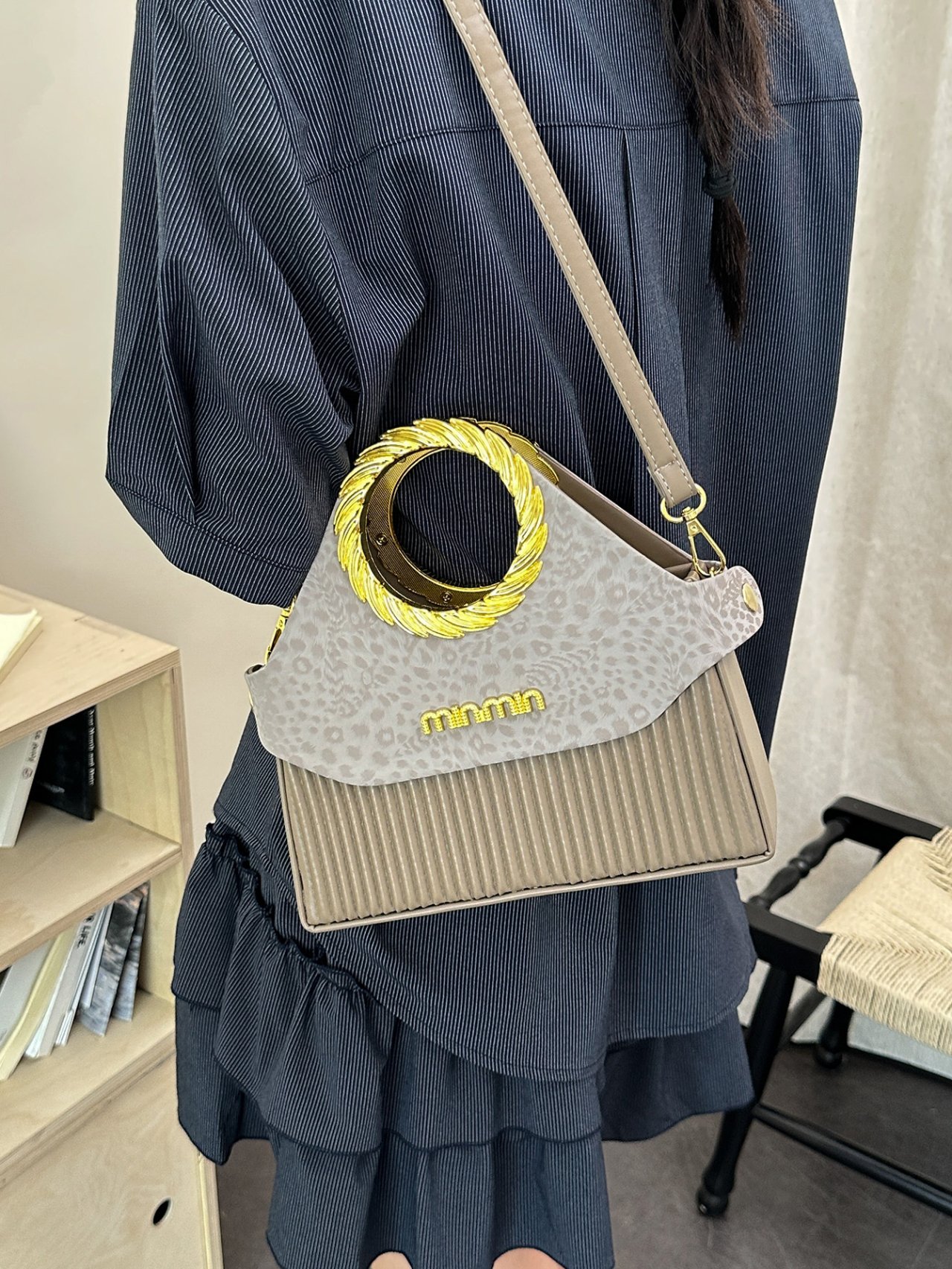Grey Leopard-Print Crossbody Bag with Gold Handle