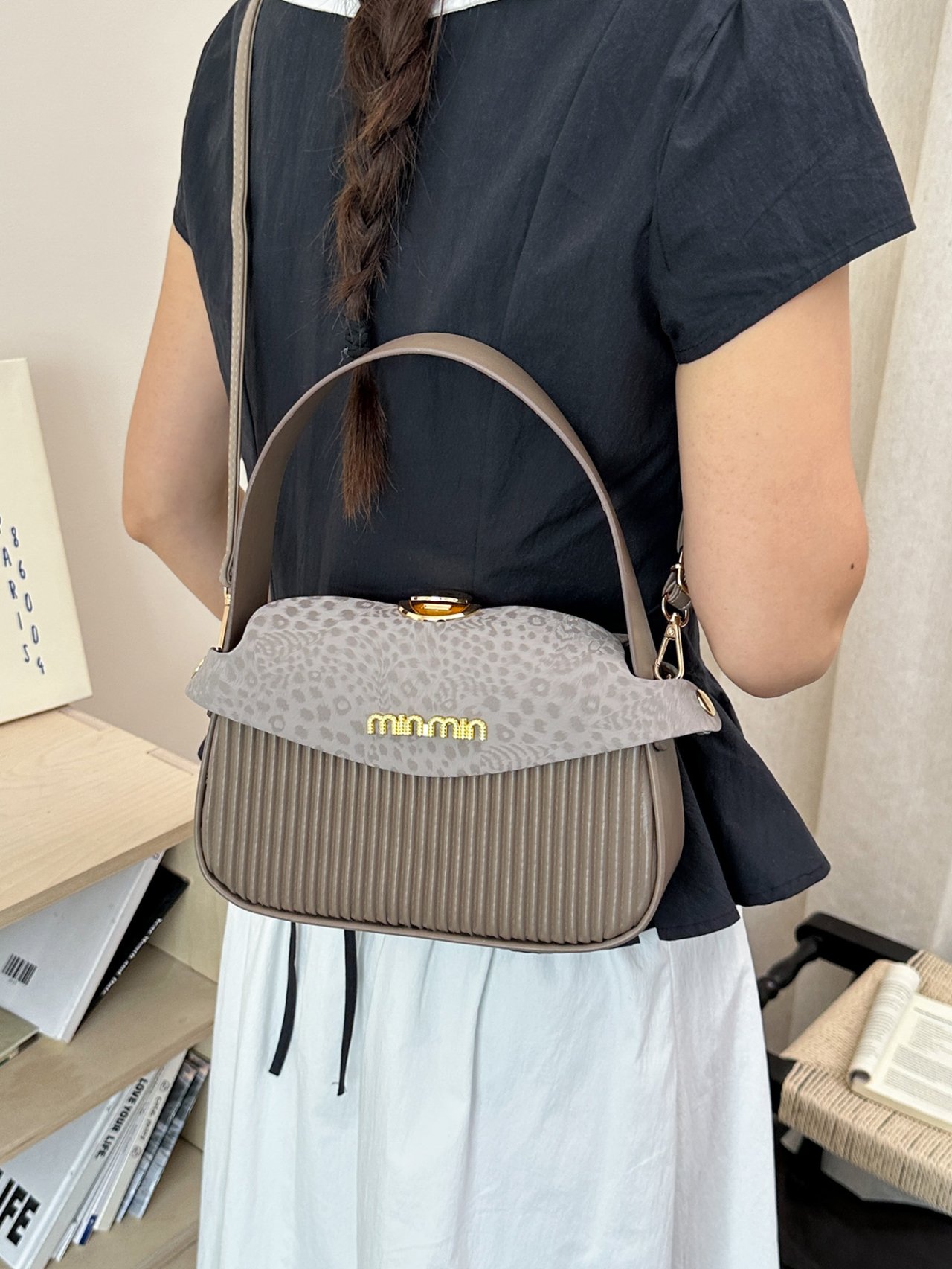 Grey Pleated Crossbody Bag with Leopard Print Flap