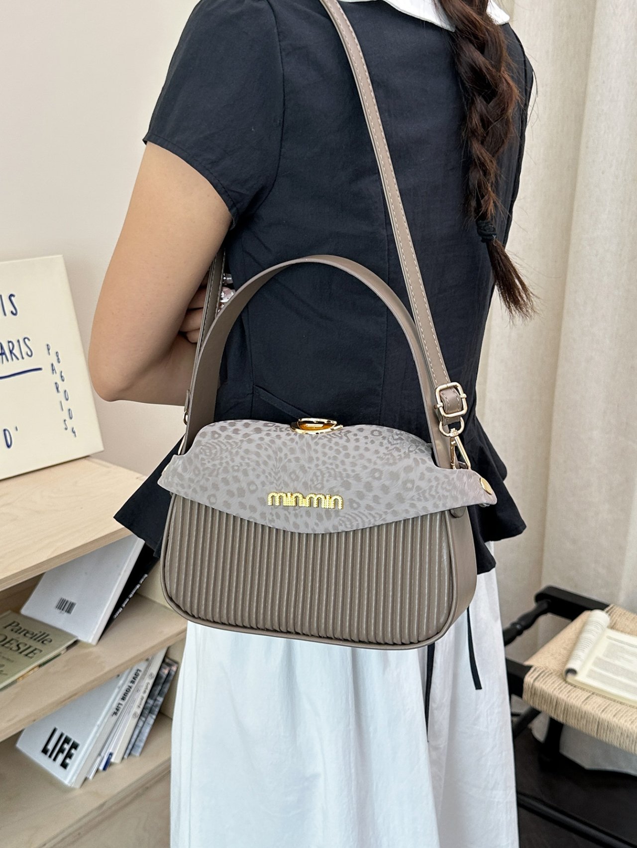 Grey Pleated Crossbody Bag with Leopard Print Flap