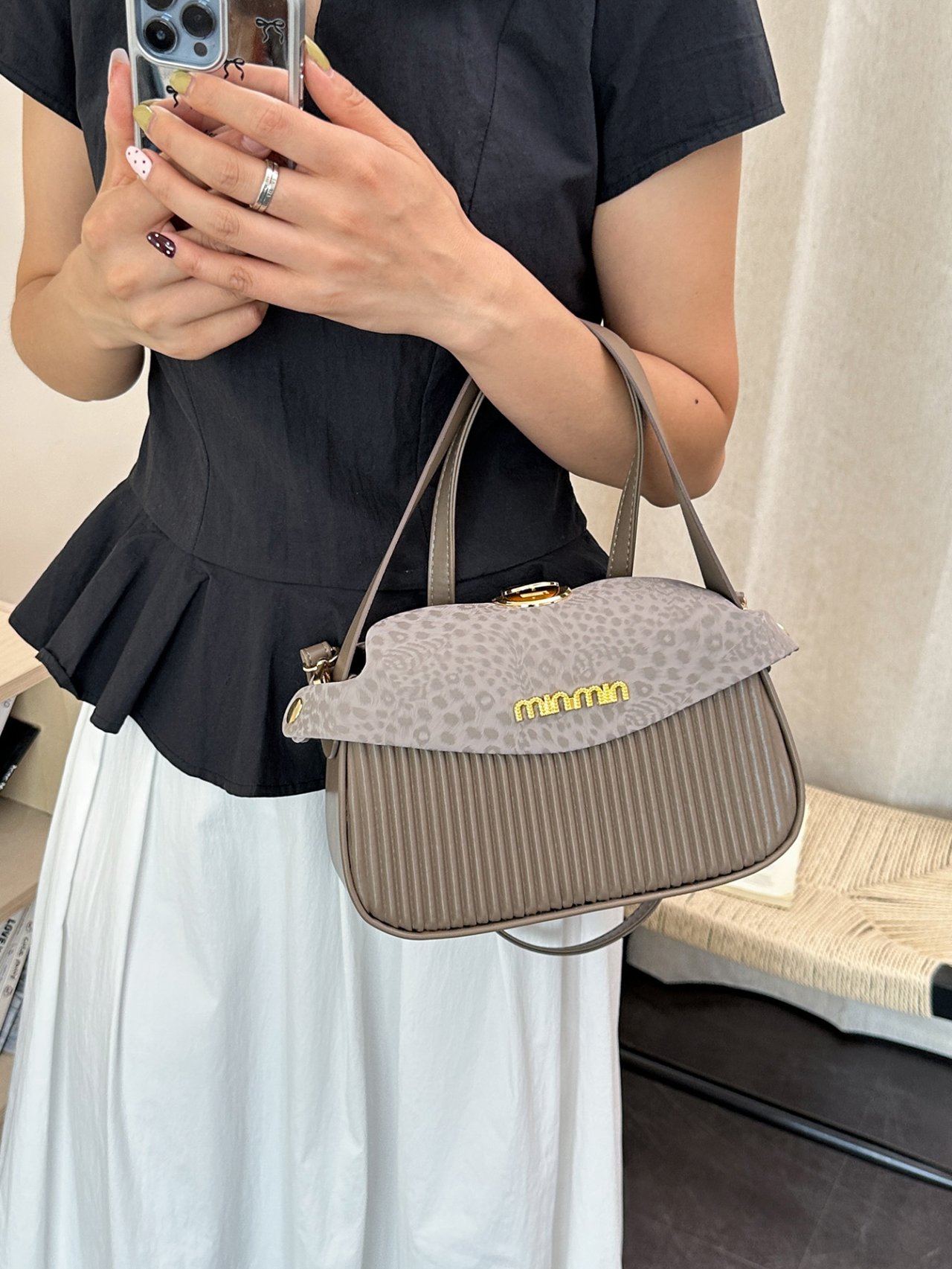 Grey Pleated Crossbody Bag with Leopard Print Flap