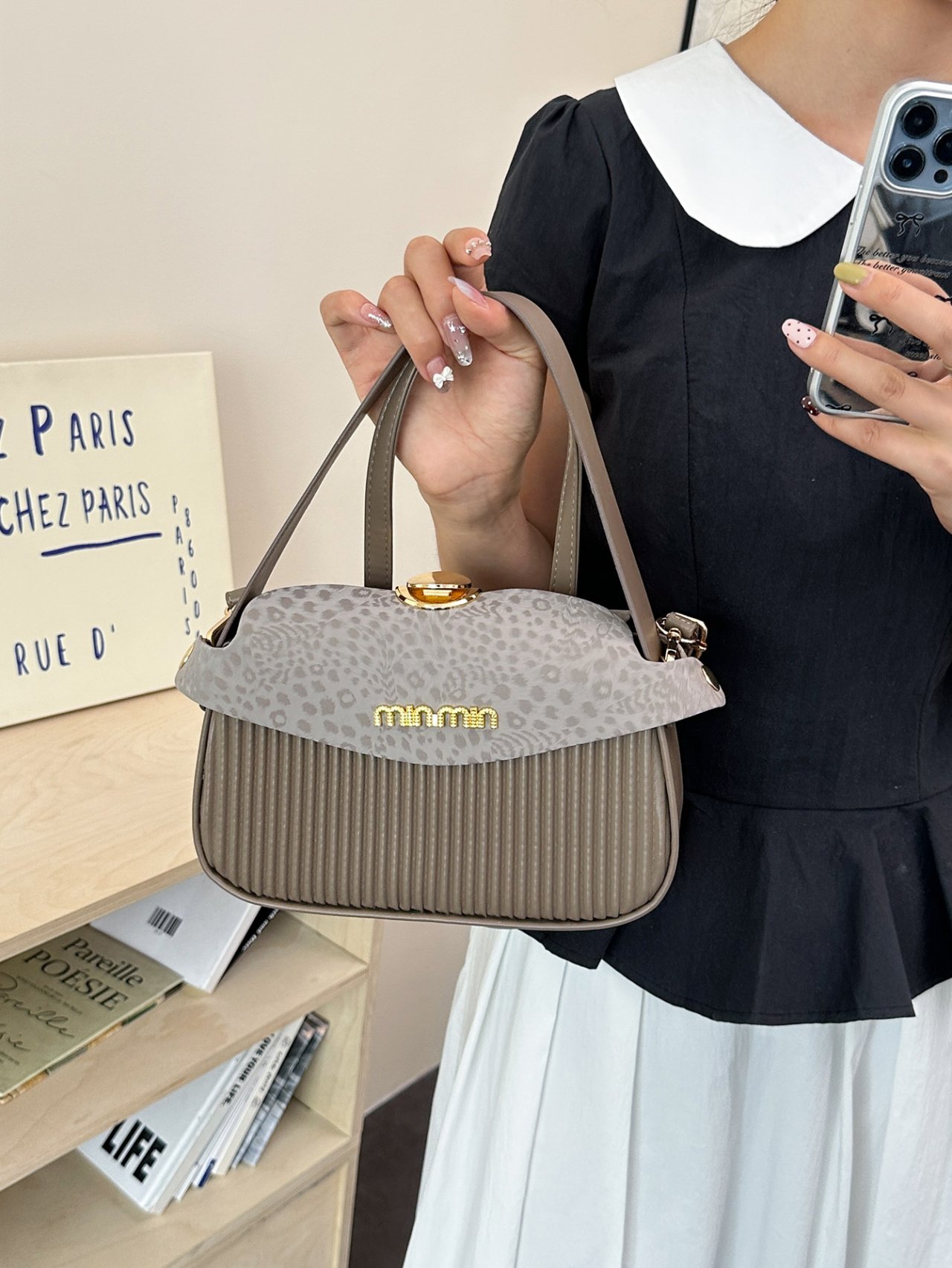 Grey Pleated Crossbody Bag with Leopard Print Flap