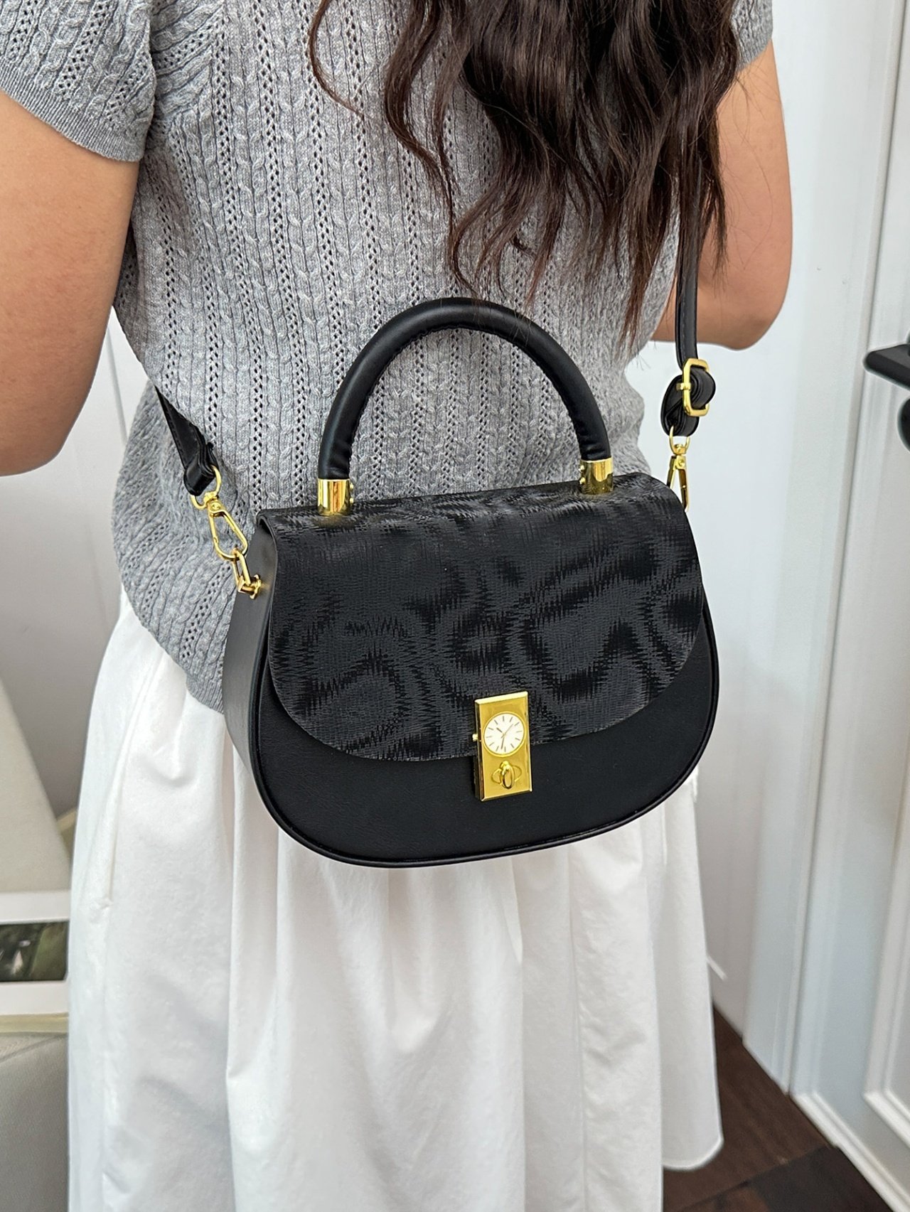 Black Crossbody Bag with Top Handle and Clock Detail