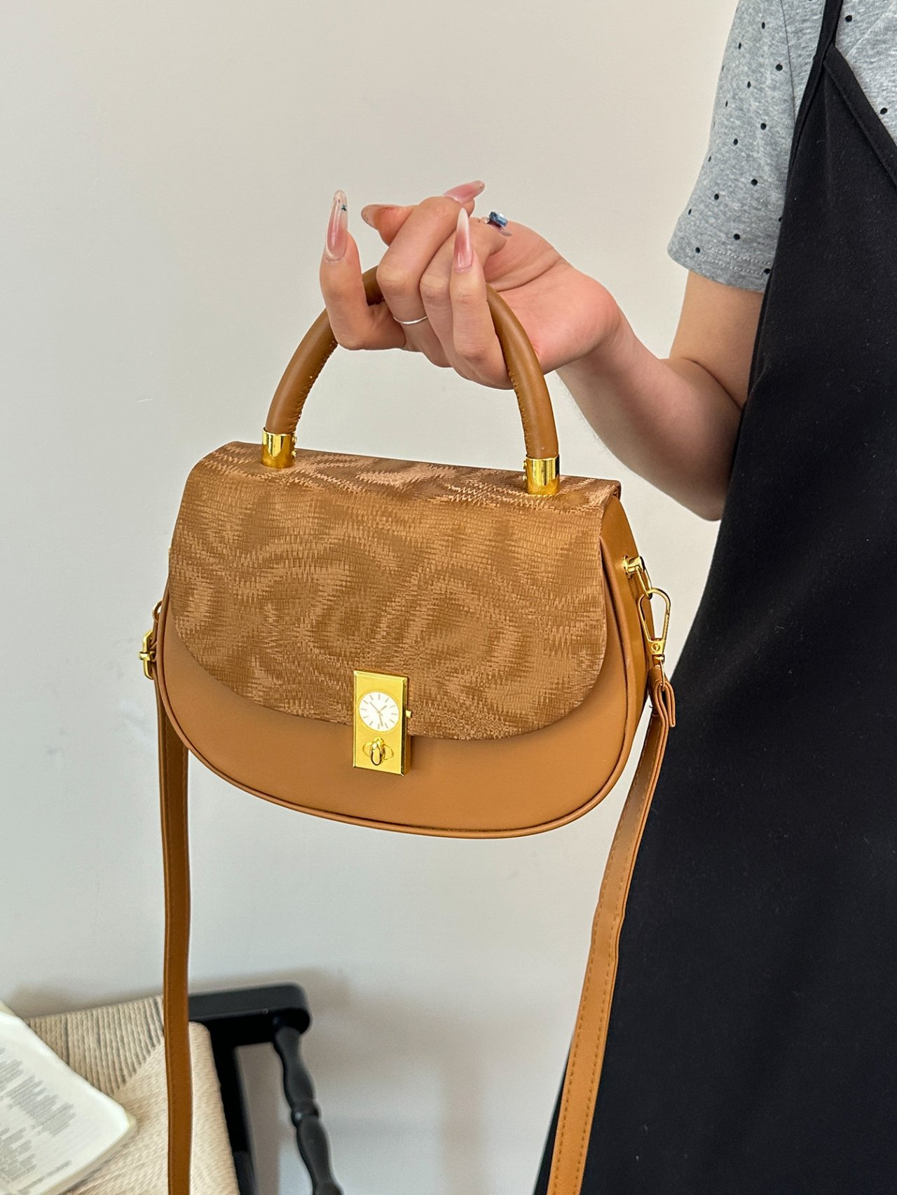 Brown Textured Crossbody Bag with Top Handle