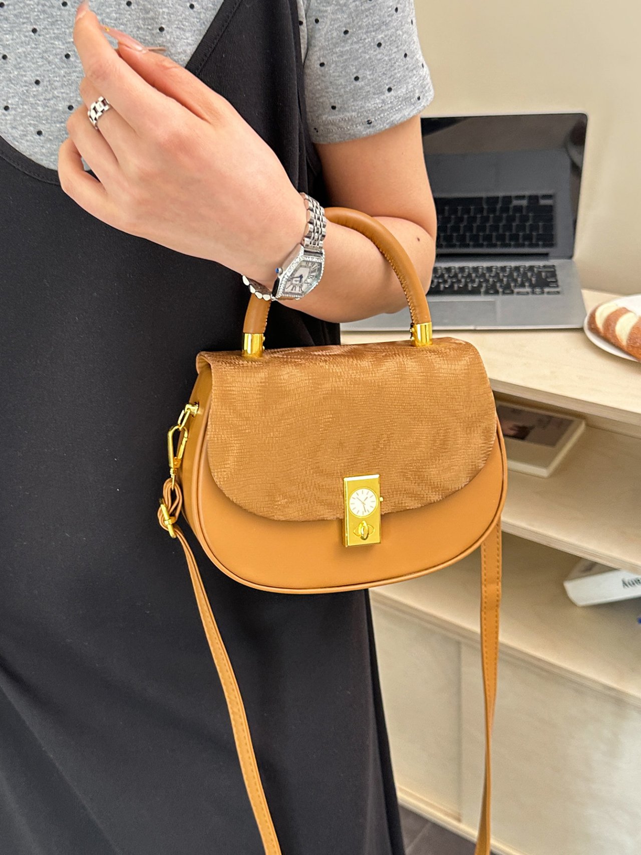 Brown Textured Crossbody Bag with Top Handle