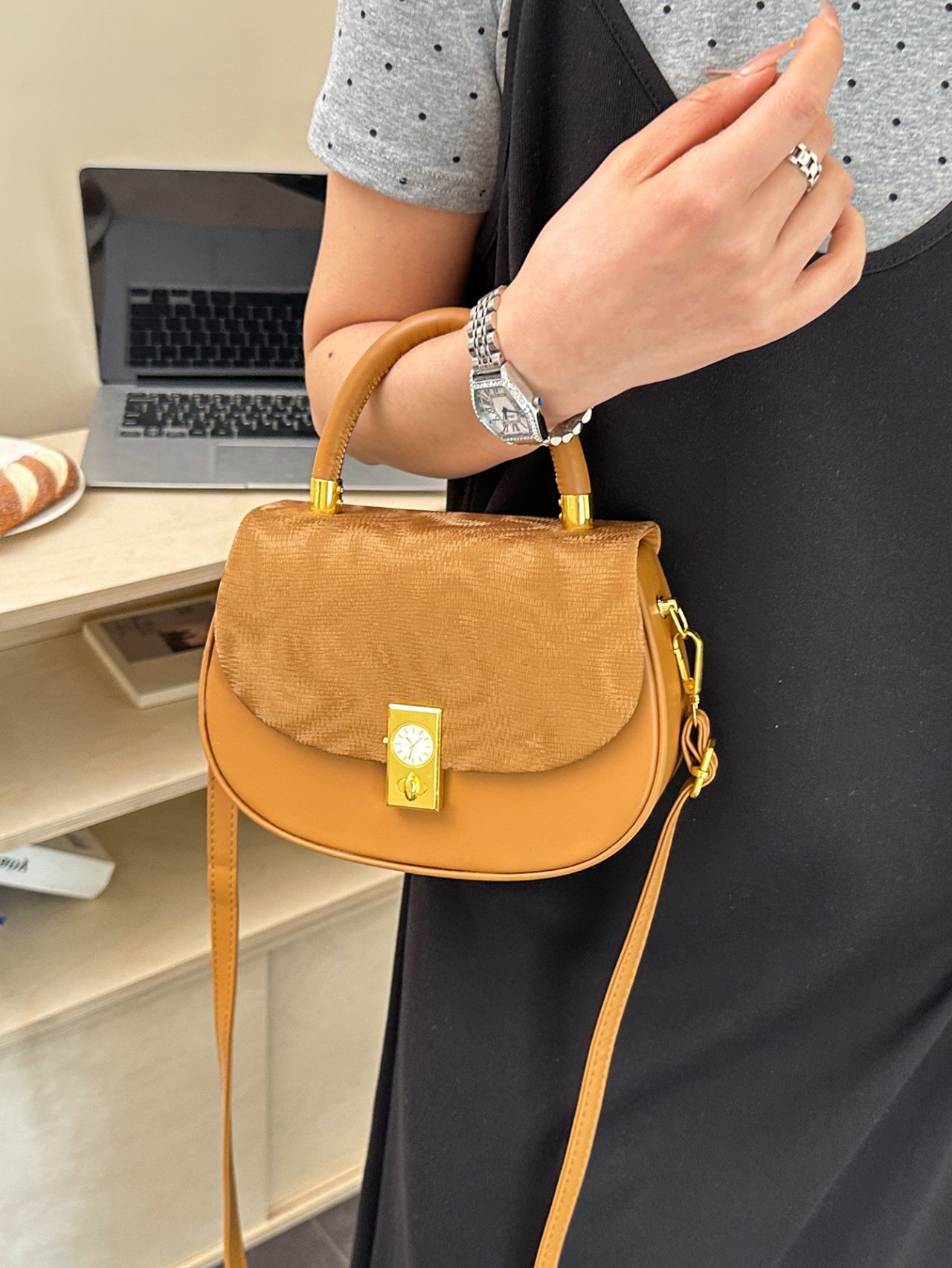 Brown Textured Crossbody Bag with Top Handle