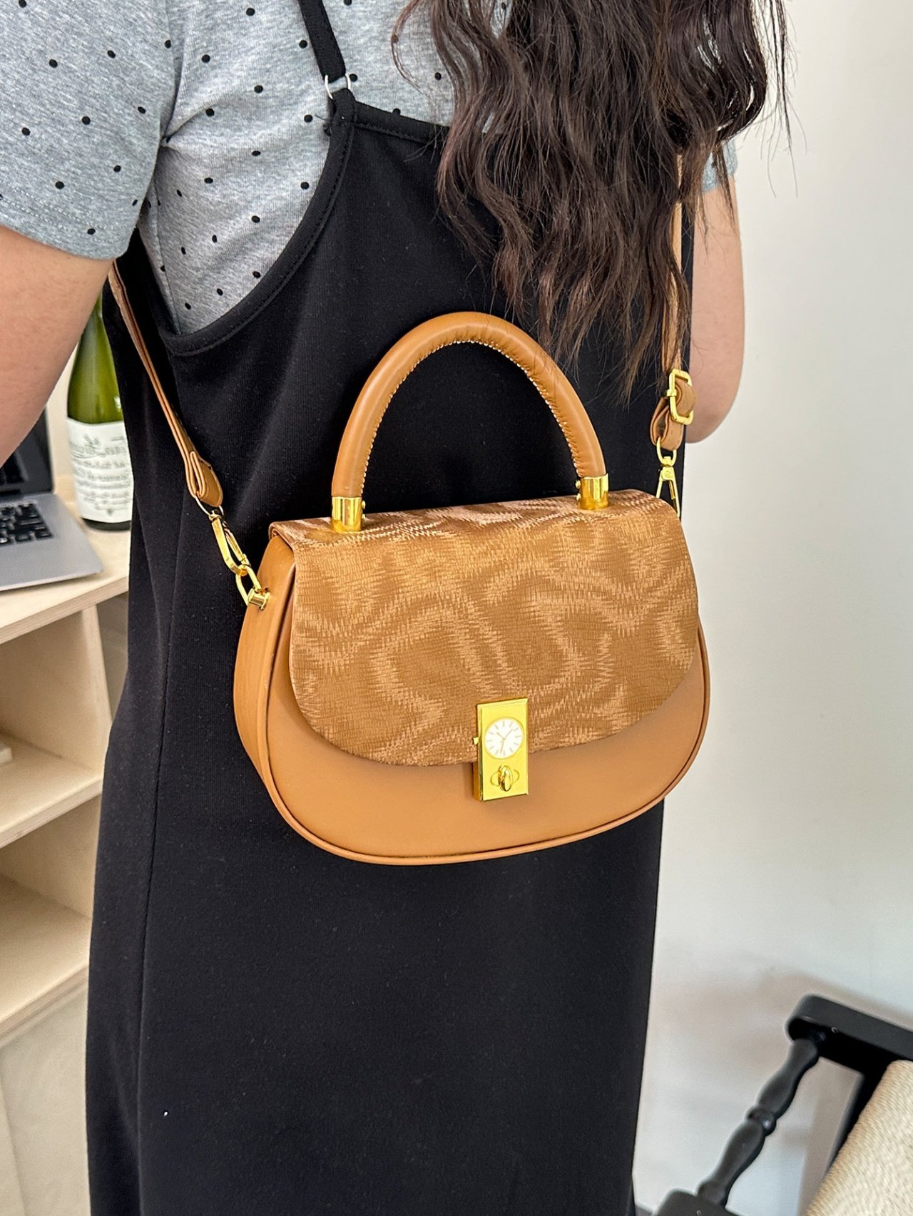Brown Textured Crossbody Bag with Top Handle