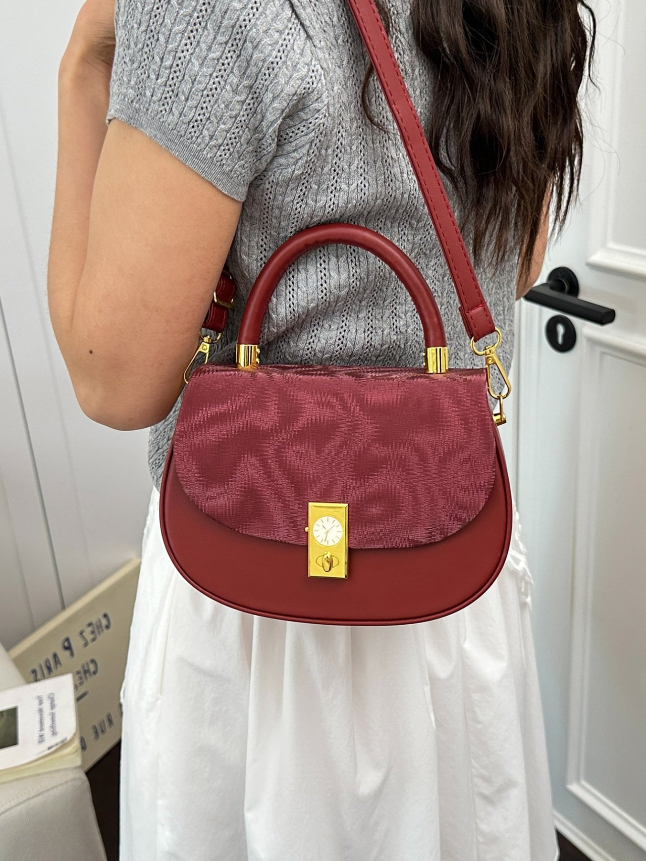 Red Crossbody Bag with Textured Flap
