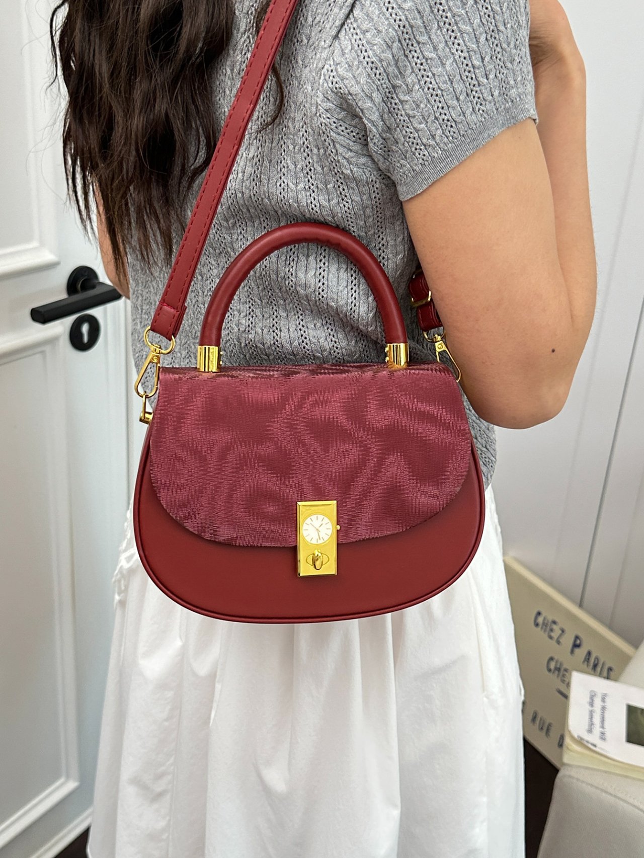 Red Crossbody Bag with Textured Flap