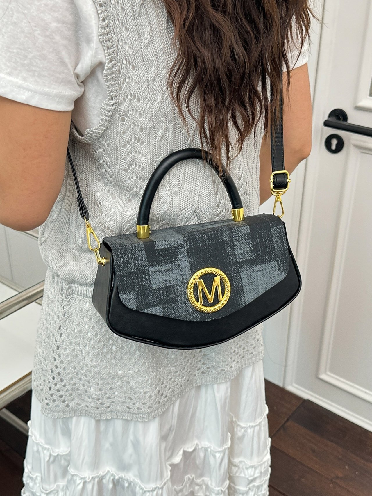 Black Monogram Crossbody Bag with Top Handle