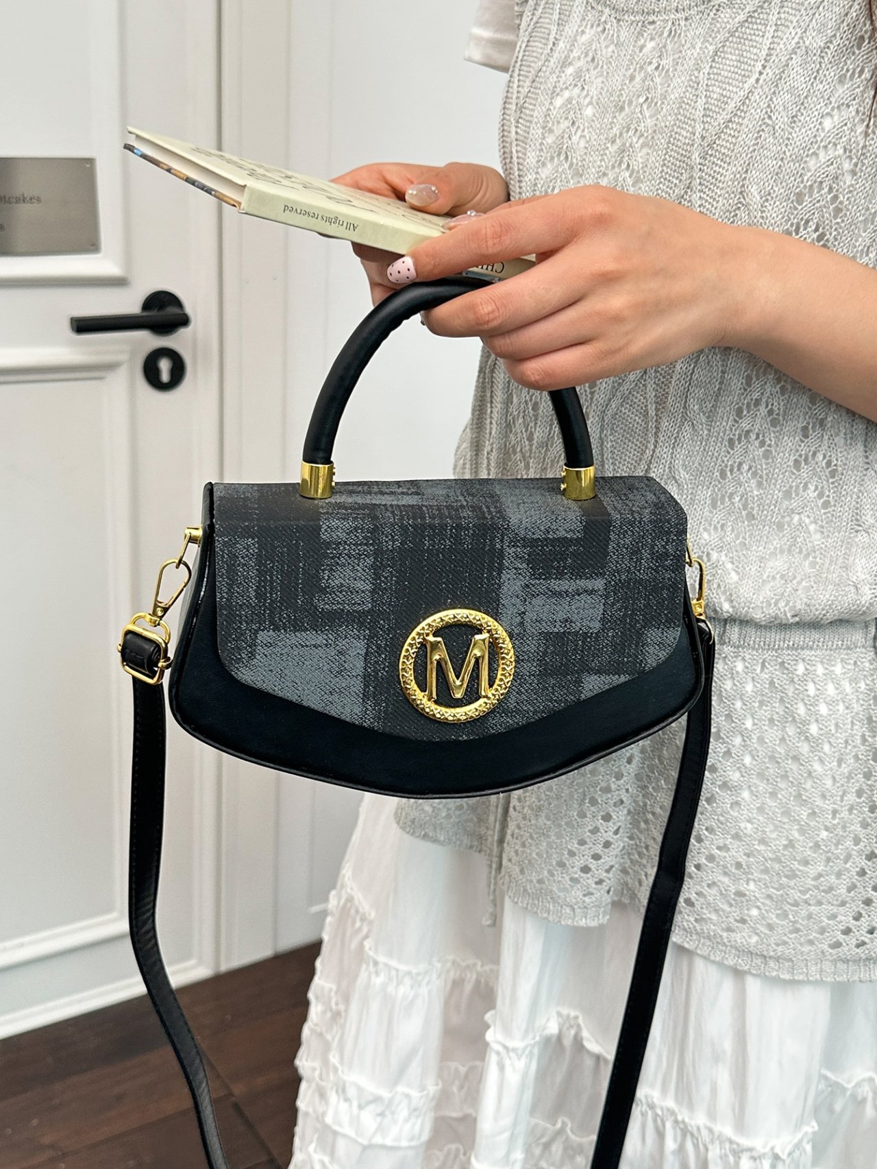 Black Monogram Crossbody Bag with Top Handle
