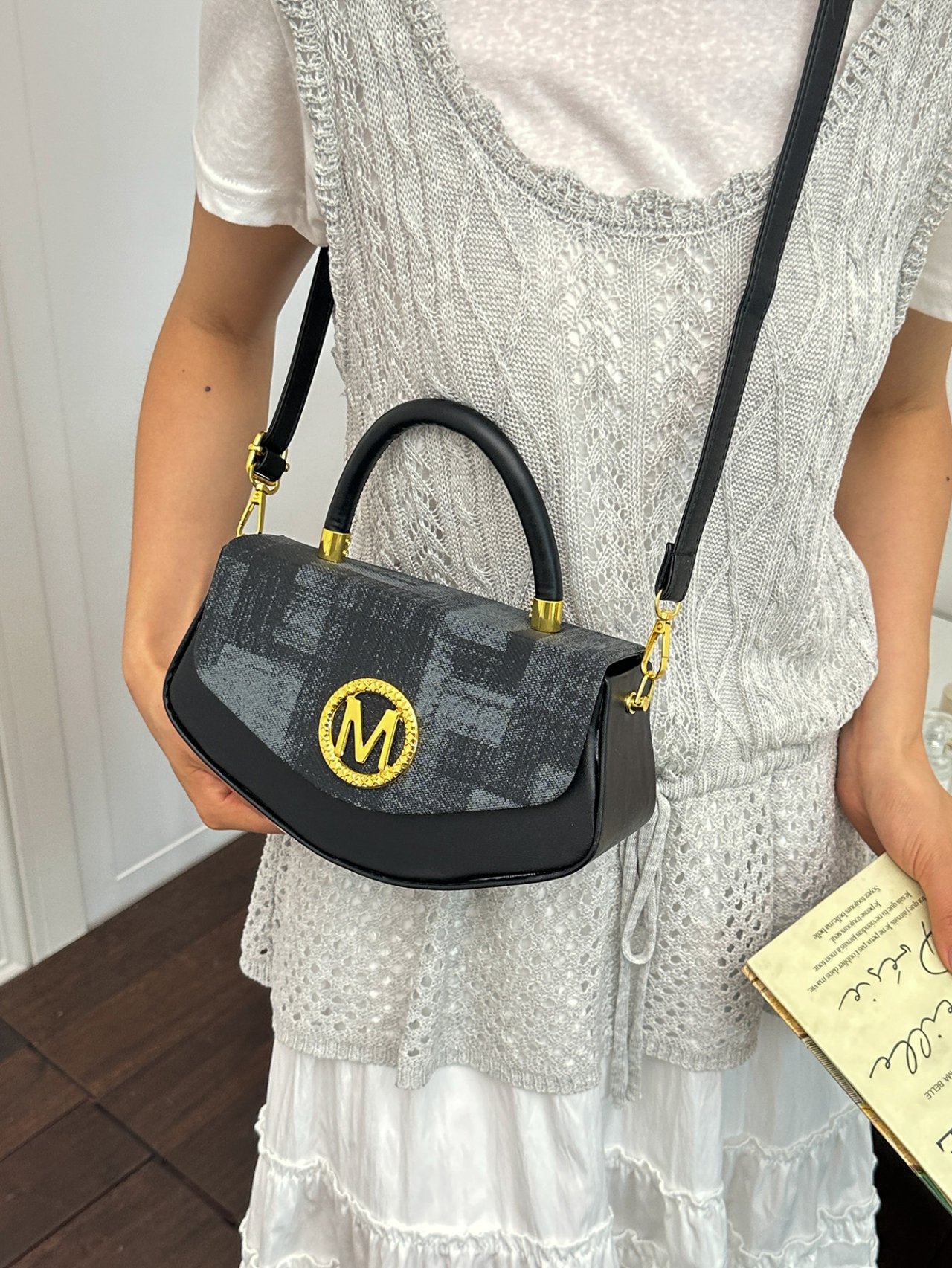 Black Monogram Crossbody Bag with Top Handle