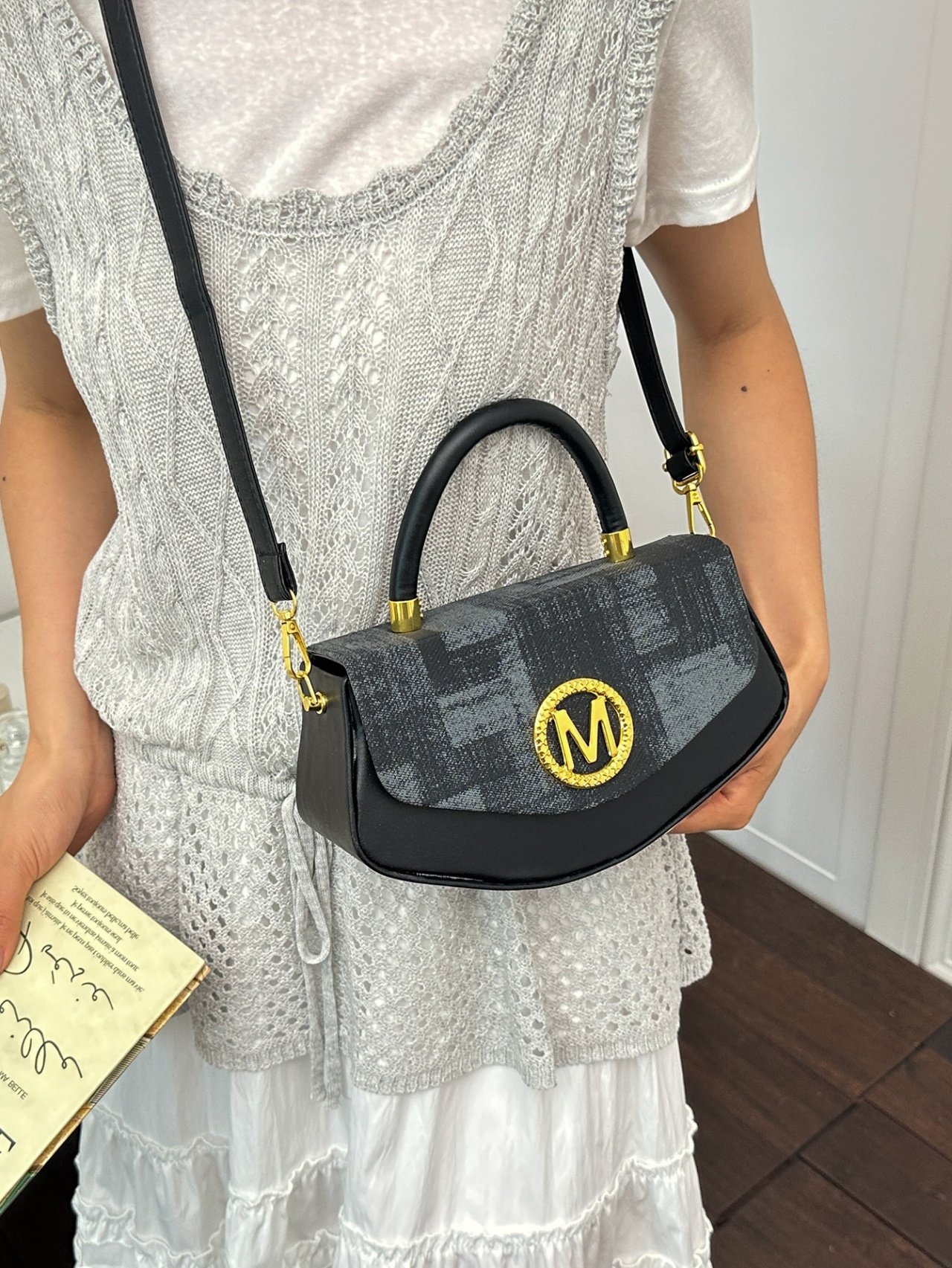 Black Monogram Crossbody Bag with Top Handle