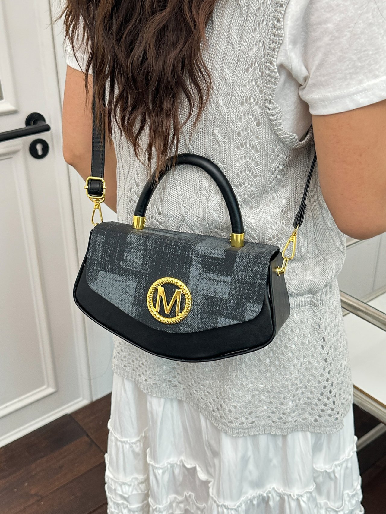 Black Monogram Crossbody Bag with Top Handle