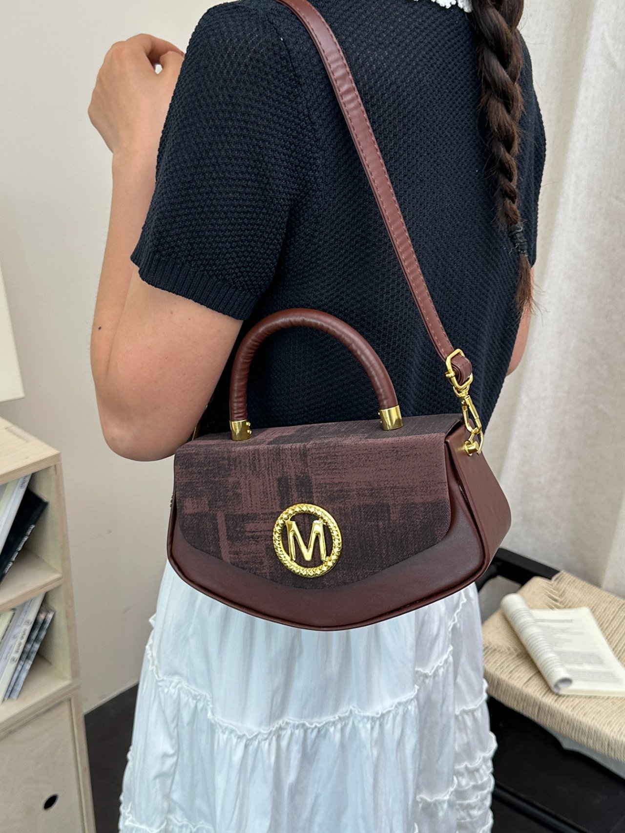 Coffee Brown Plain Crossbody Bag 