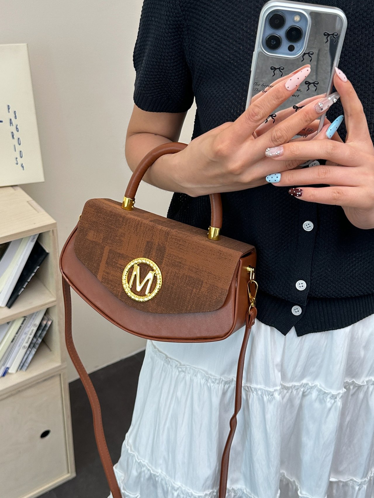 Brown Crossbody Bag with M Emblem