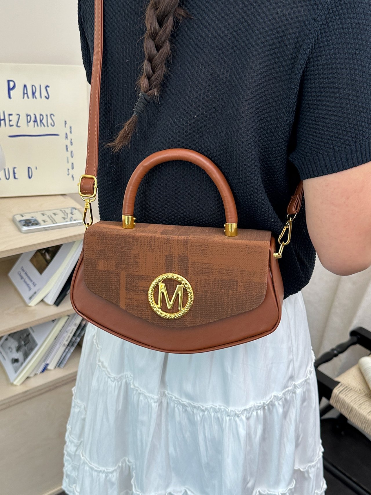 Brown Crossbody Bag with M Emblem