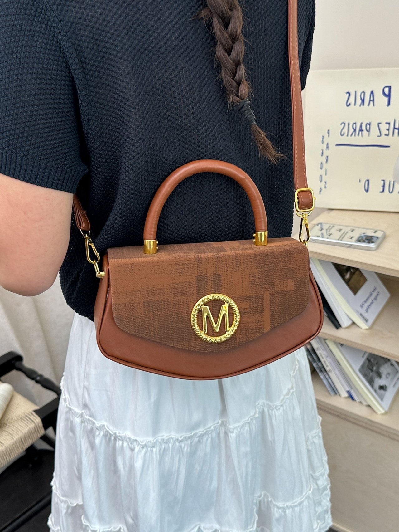 Brown Crossbody Bag with M Emblem