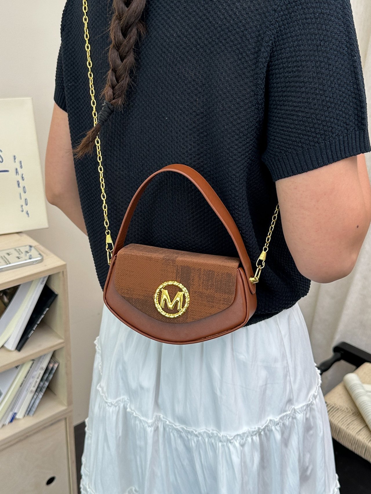 Brown Crossbody Bag with M Emblem