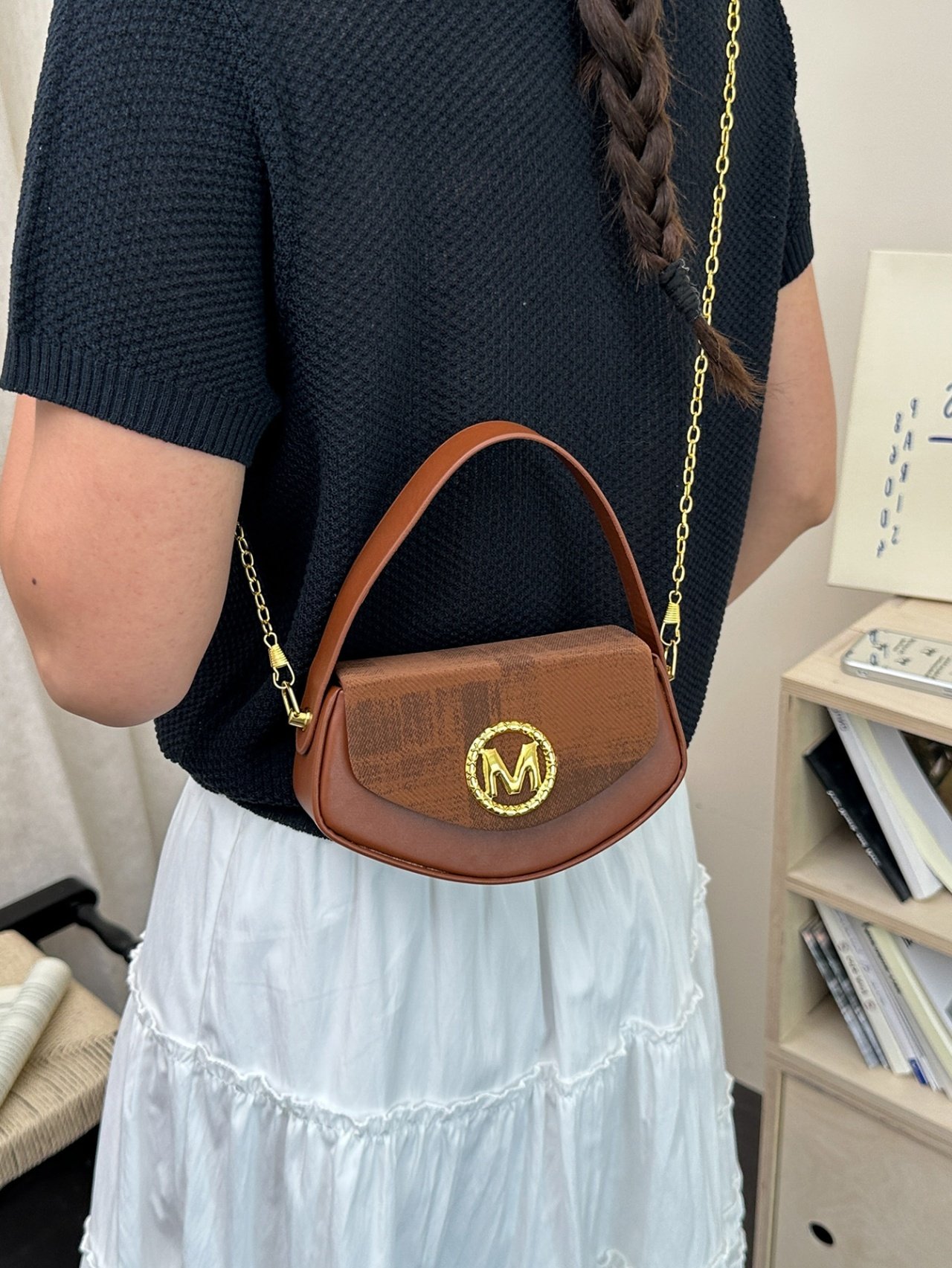 Brown Crossbody Bag with M Emblem