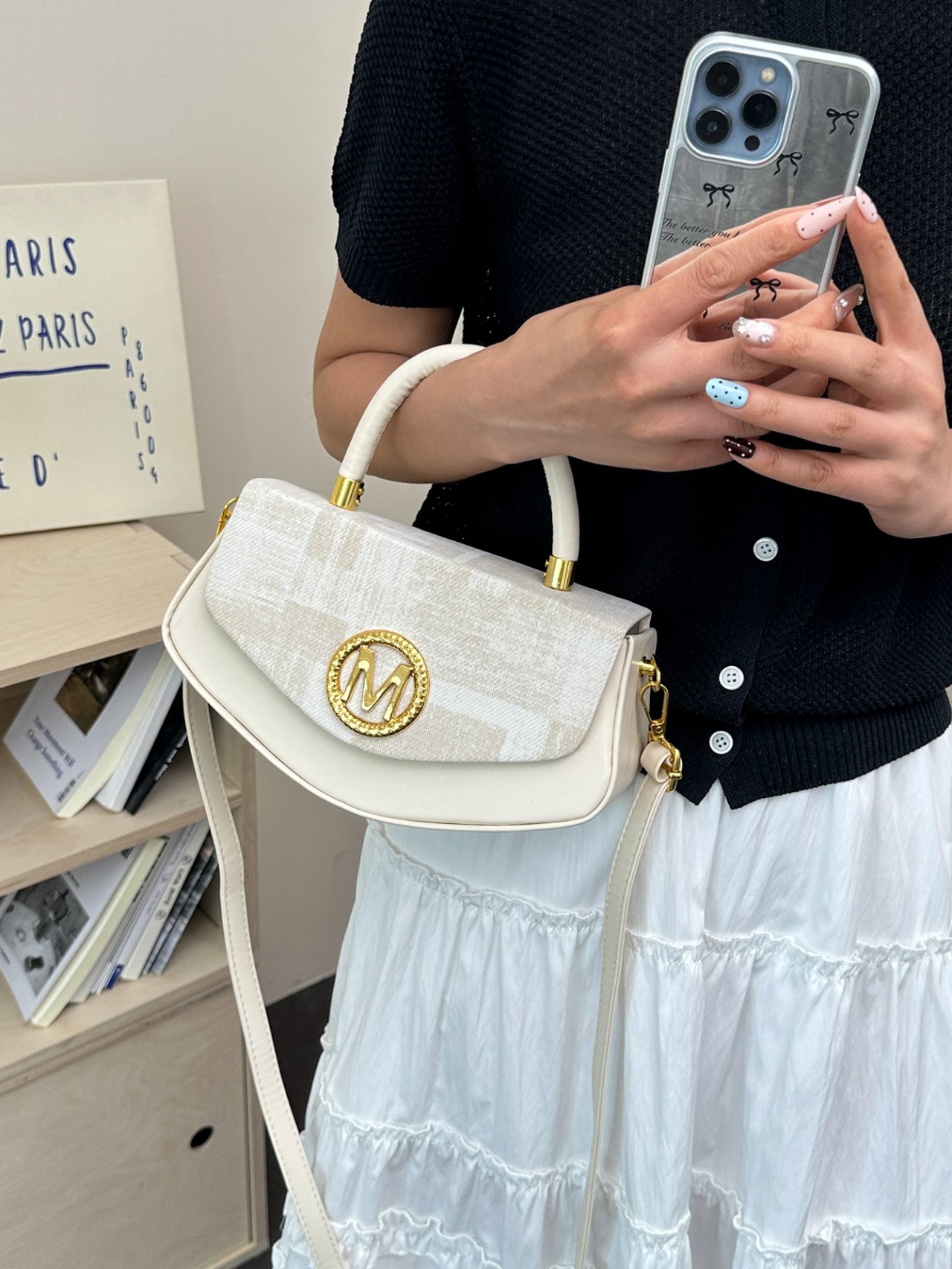 White Crossbody Bag with M Logo