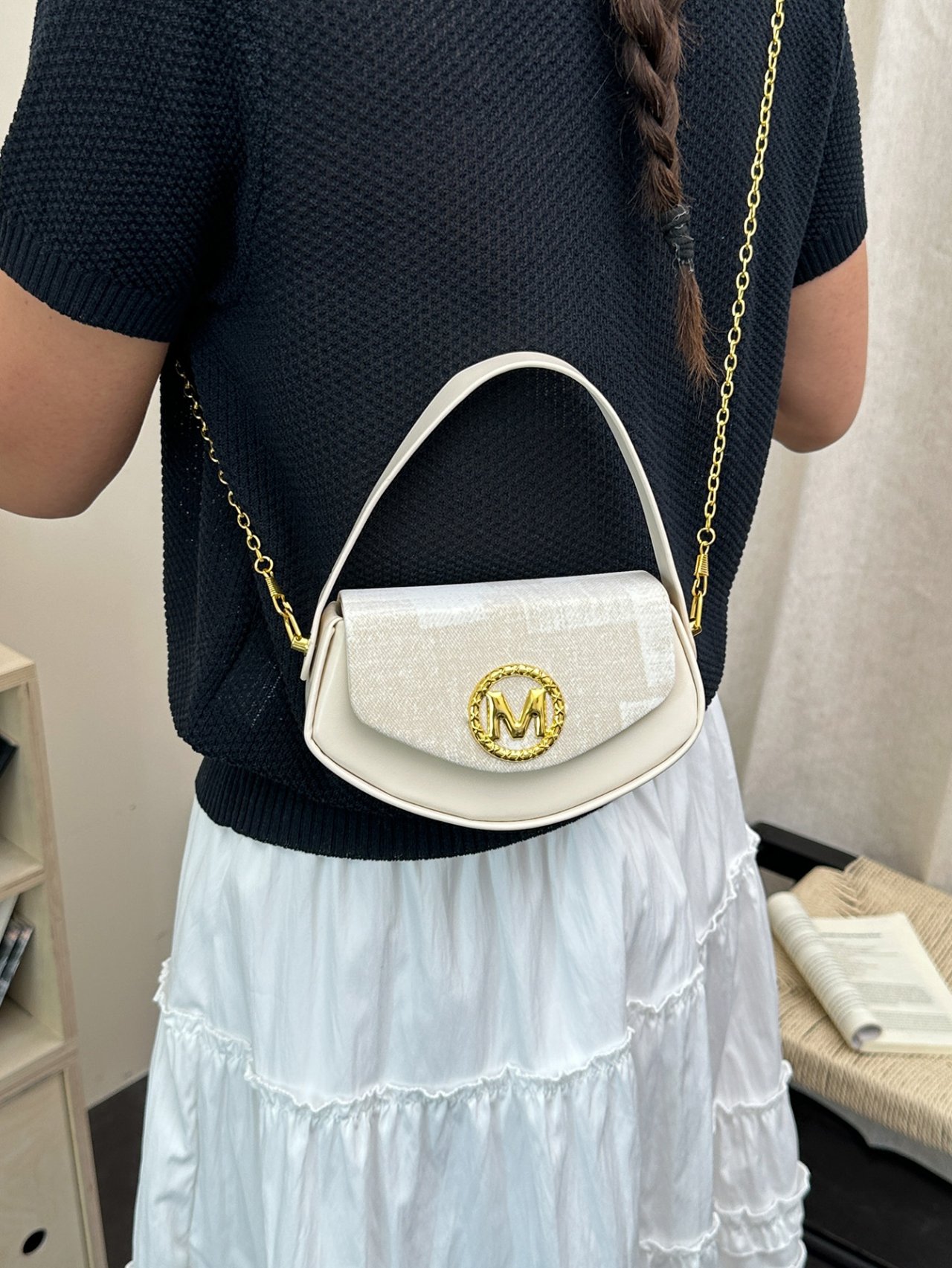 White Crossbody Bag with M Logo