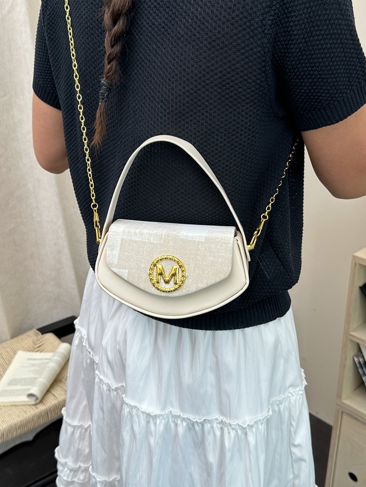 White Crossbody Bag with M Logo