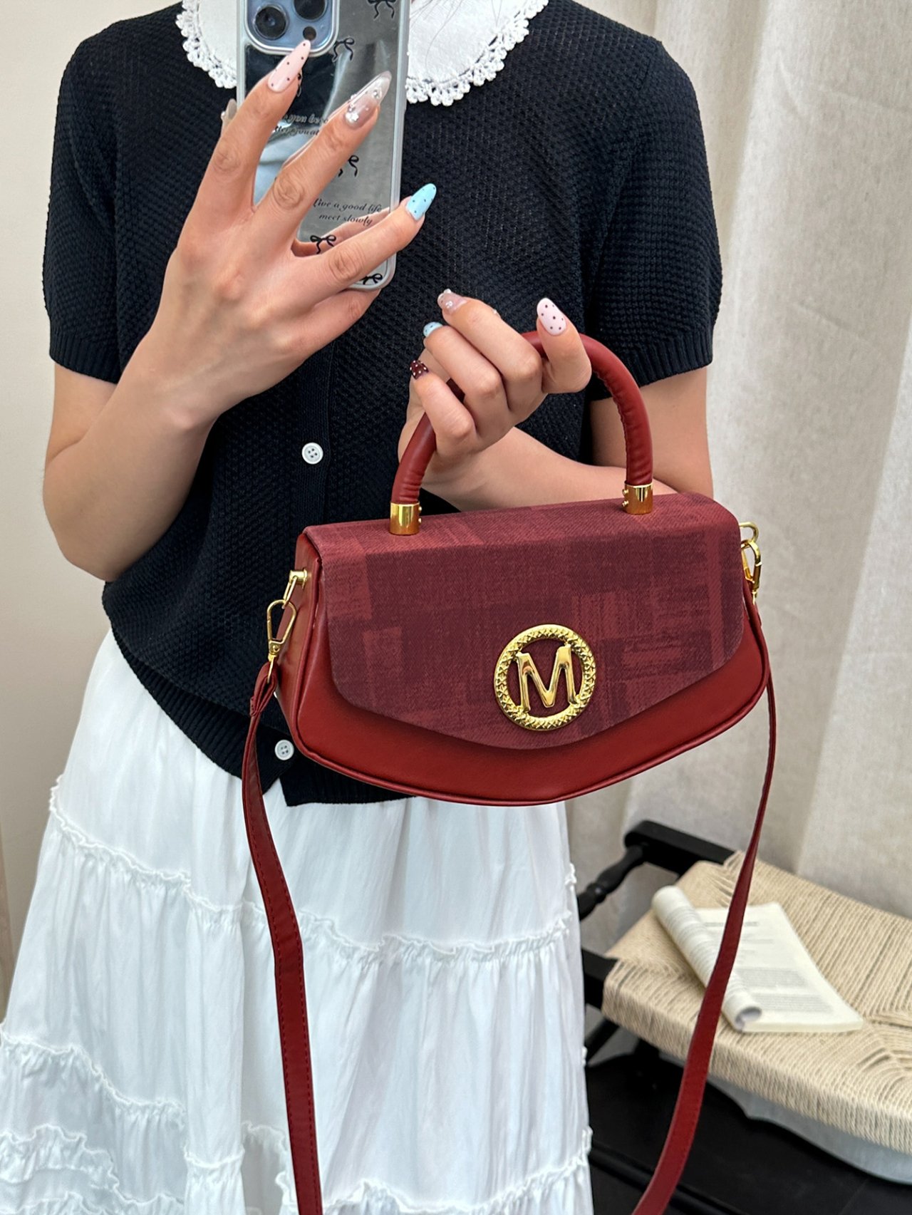 Red Crossbody Bag with Golden M Emblem