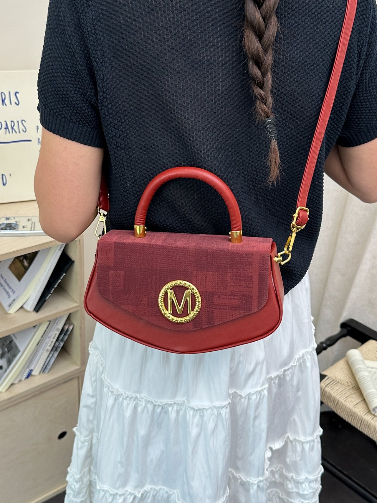 Red Crossbody Bag with Golden M Emblem